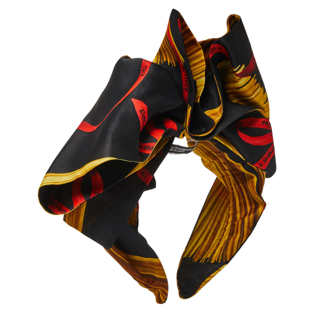 Dolce & Gabbana Black Silk Pasta Print Bow Headband