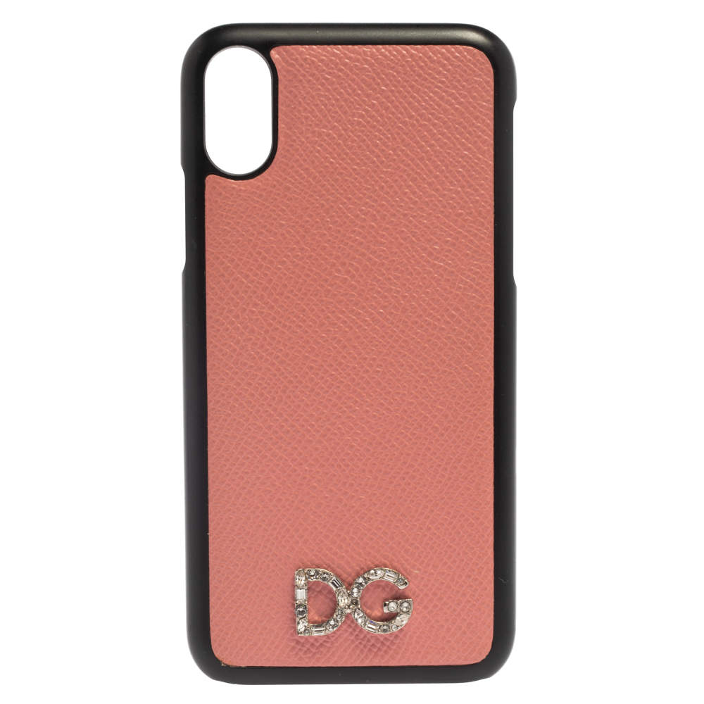 Pre Owned Dolce & Gabbana Pink/Black Leather Crystal Embellished Logo iPhone X Cover