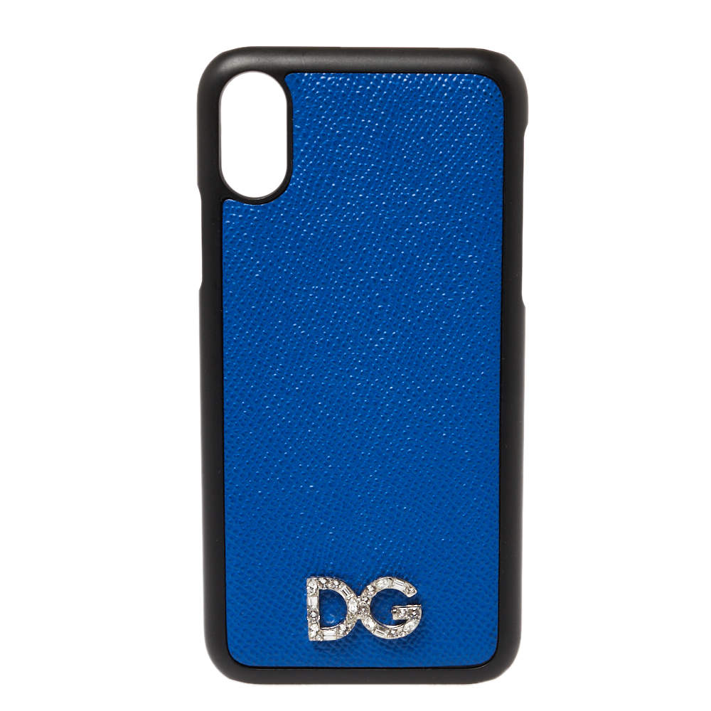 Pre Owned Dolce & Gabbana Blue/Black Leather Crystal Embellished Logo iPhone X Cover
