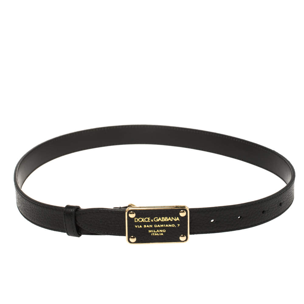 مملوكة مسبقًا Dolce & Gabbana Black Leather Plaque Belt 80CM