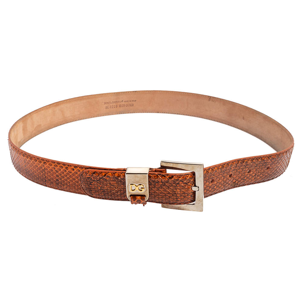 Pre Owned Dolce & Gabbana Orange Snakeskin Buckle Belt 85 CM