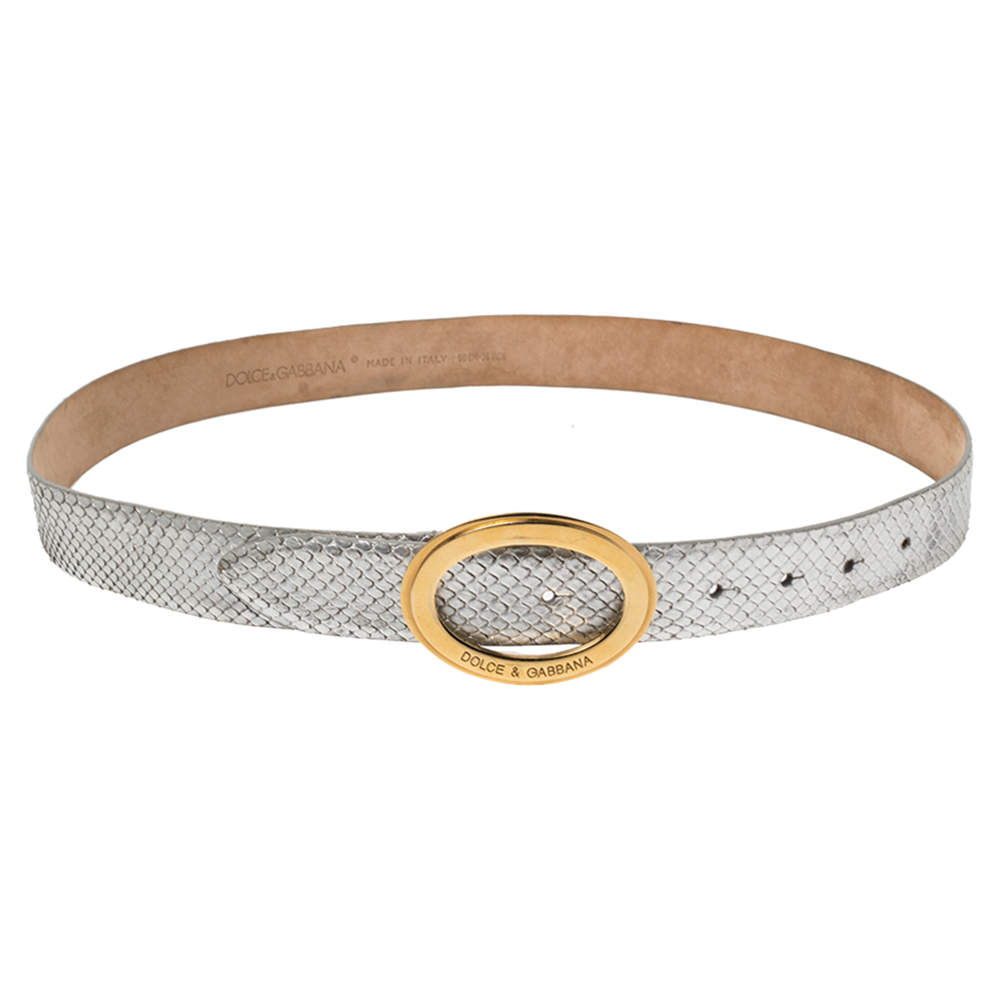 مملوكة مسبقًا Dolce & Gabbana Metallic Silver Python Oval Buckle Belt 90CM