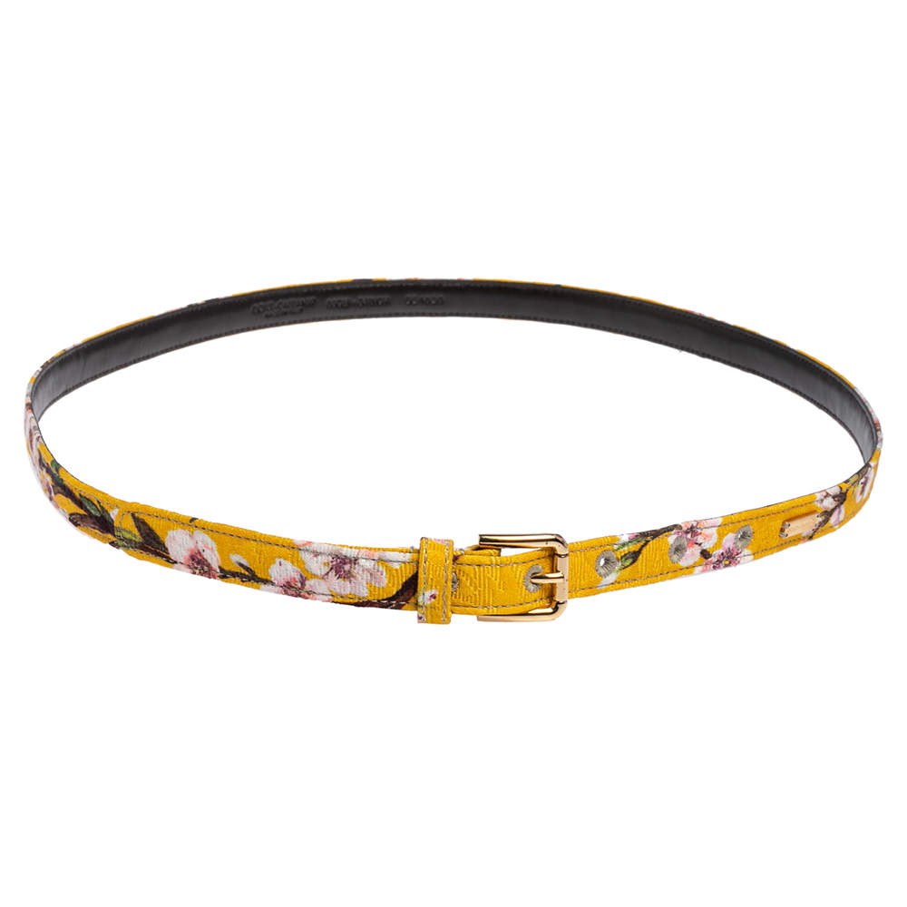 Pre Owned Dolce & Gabbana Yellow Floral Print Fabric Slim Belt 85 CM