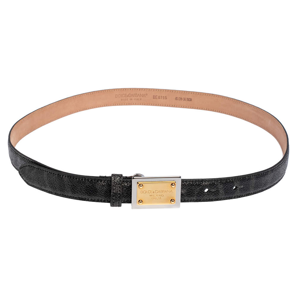 Pre Owned Dolce & Gabbana Black Leopard Print Coated Canvas Logo Plaque Slim Belt 85 CM