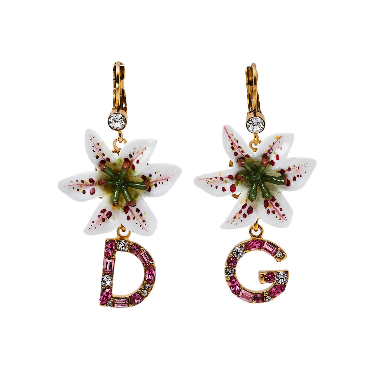 Pre Owned Dolce & Gabbana Lily Crystal Logo Drop Earrings