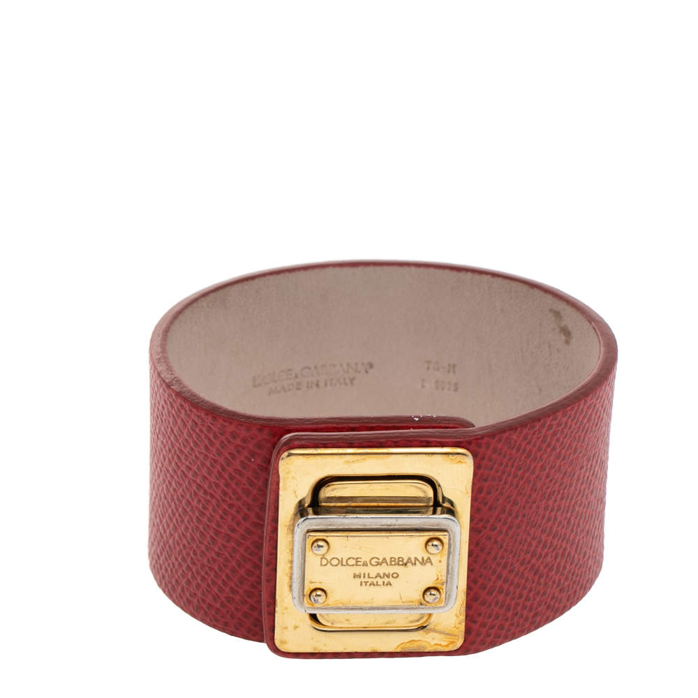 Pre Owned Dolce & Gabbana Gold Tone Red Leather Bracelet M