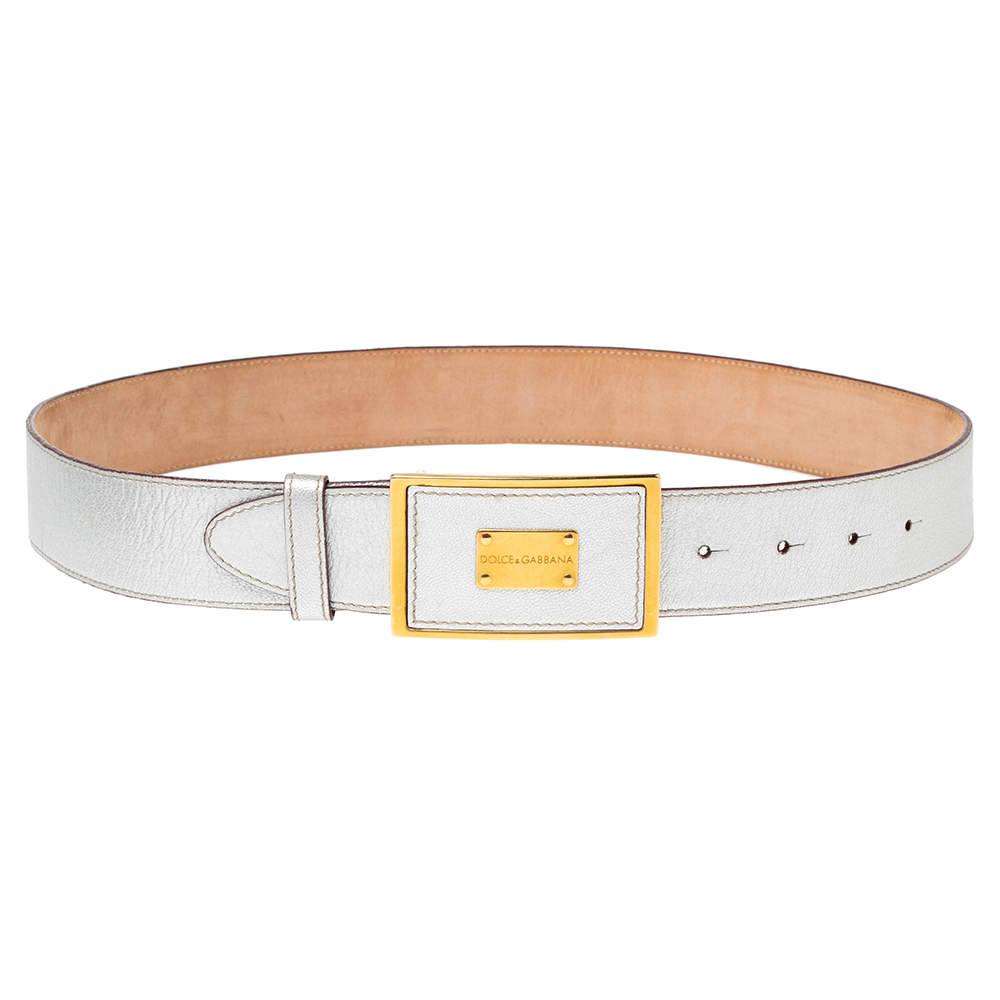 Pre Owned Dolce & Gabbana Metallic Silver Leather Logo Plaque Buckle Belt 85CM