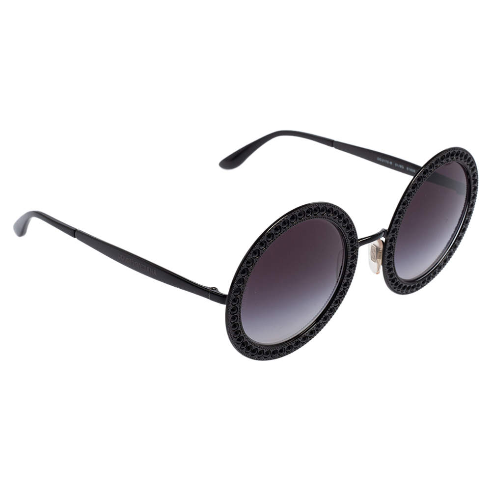 Pre Owned Dolce & Gabbana Black Acetate DG 2170-B Crystal Embellished Gradient Round Sunglasses