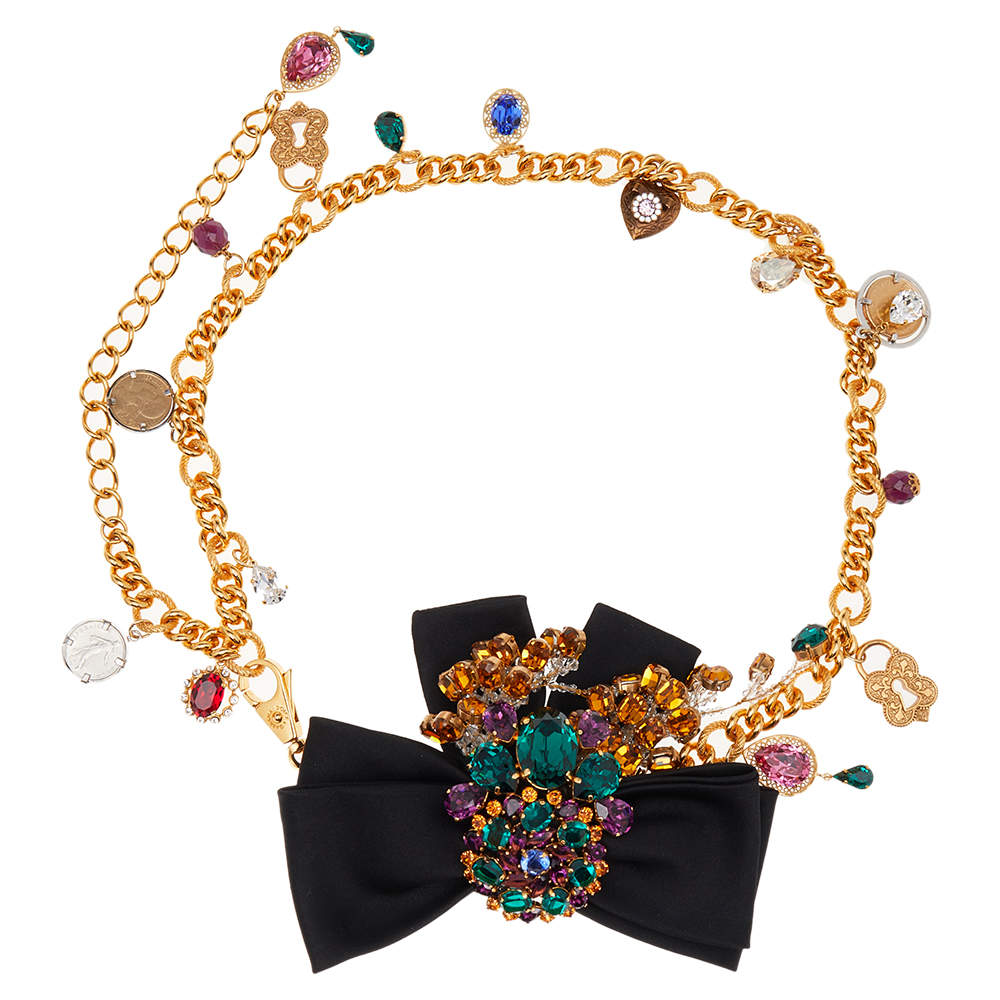 Pre Owned Dolce & Gabbana Black Satin Bow Crystal Charms Chain Belt 85CM