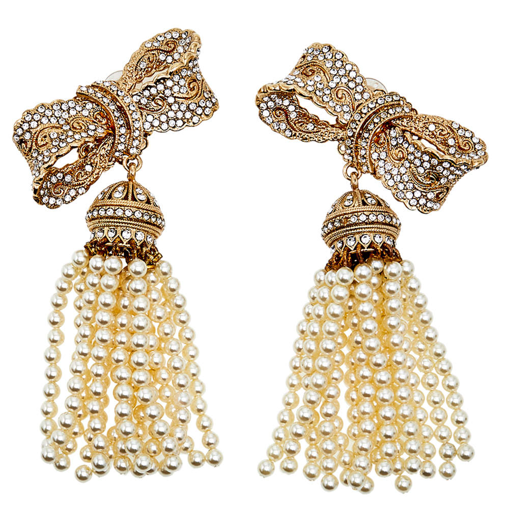 Pre Owned Dolce & Gabbana Gold Tone Crystal Bow Beaded Tassel Earrings