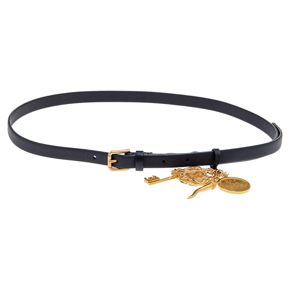 Pre Owned Dolce & Gabbana Black Leather Padlock Key Charm Slim Belt Size 85CM