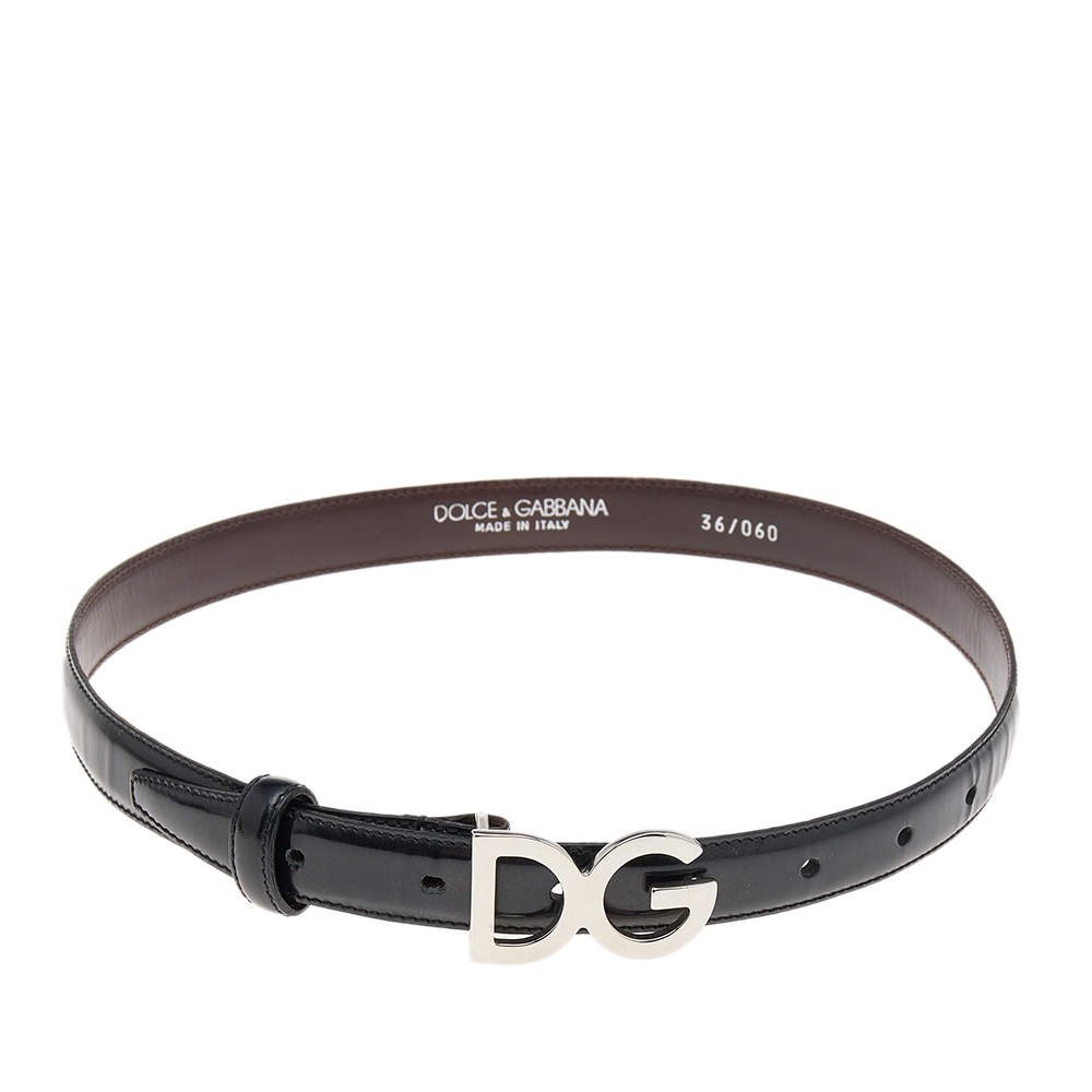 Pre Owned Dolce & Gabbana Black Leather Slim DG Logo Belt 70 CM