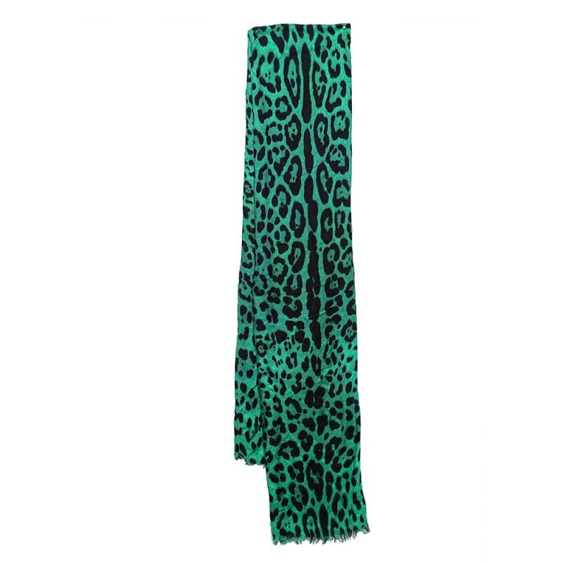 Pre Owned Dolce & Gabbana Green Leopard Print Modal Blend Scarf