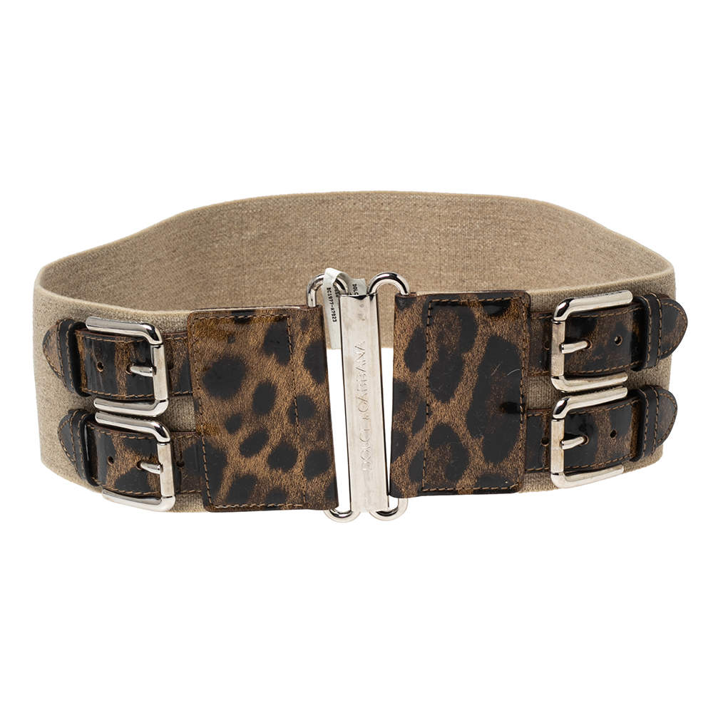 Pre Owned Dolce & Gabbana Beige Leopard Print Patent Leather and Elastic Canvas Waist Belt 80CM