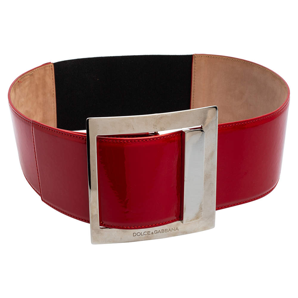 Pre Owned Dolce & Gabbana Red/Black Patent Leather and Elastic Band Buckle Waist Belt 90CM