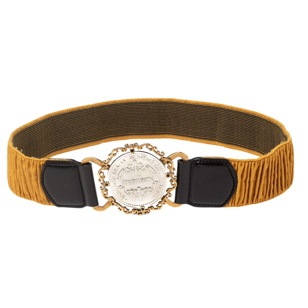 Pre Owned Dolce & Gabbana Mustard Elastic Gaufre Heritage Buckle Belt 70CM 