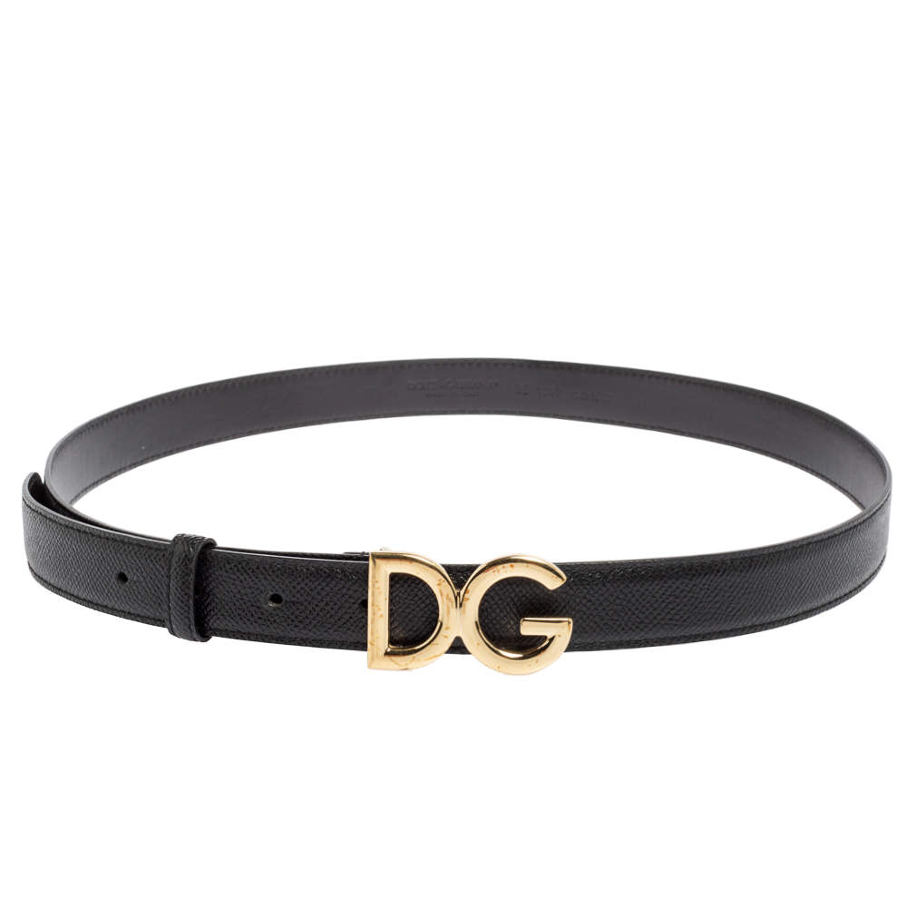 Pre Owned Dolce & Gabbana Black Leather DG Logo Buckle Belt 90CM