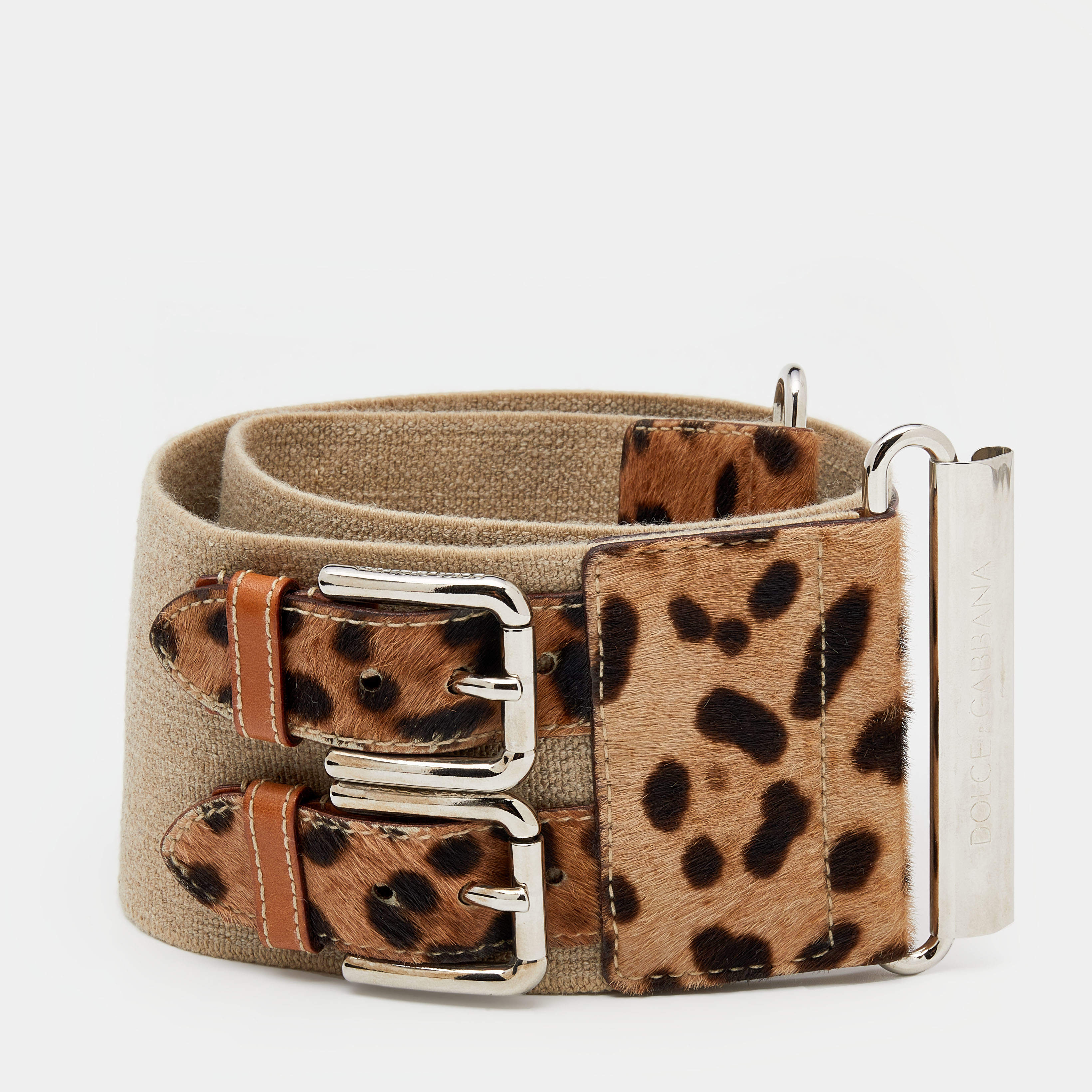 مملوكة مسبقًا Dolce & Gabbana Beige/Brown Leopard Print Pony Hair And Elastic Waist Belt 75 CM