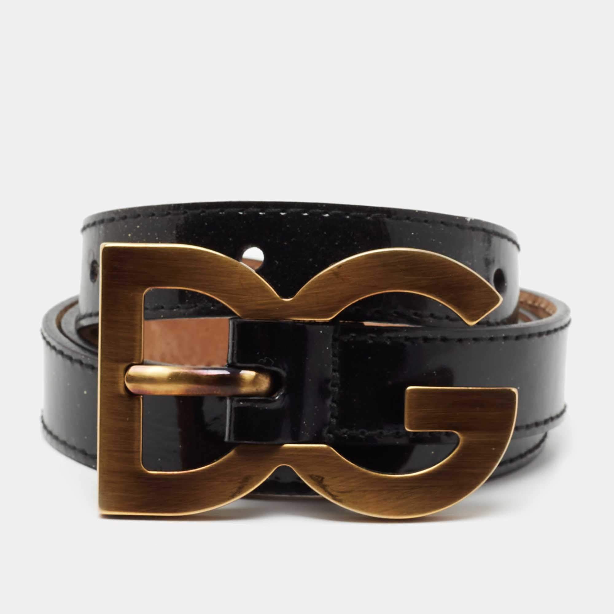 Pre Owned Dolce & Gabbana Black Patent Leather DG Buckle Slim Belt 85CM
