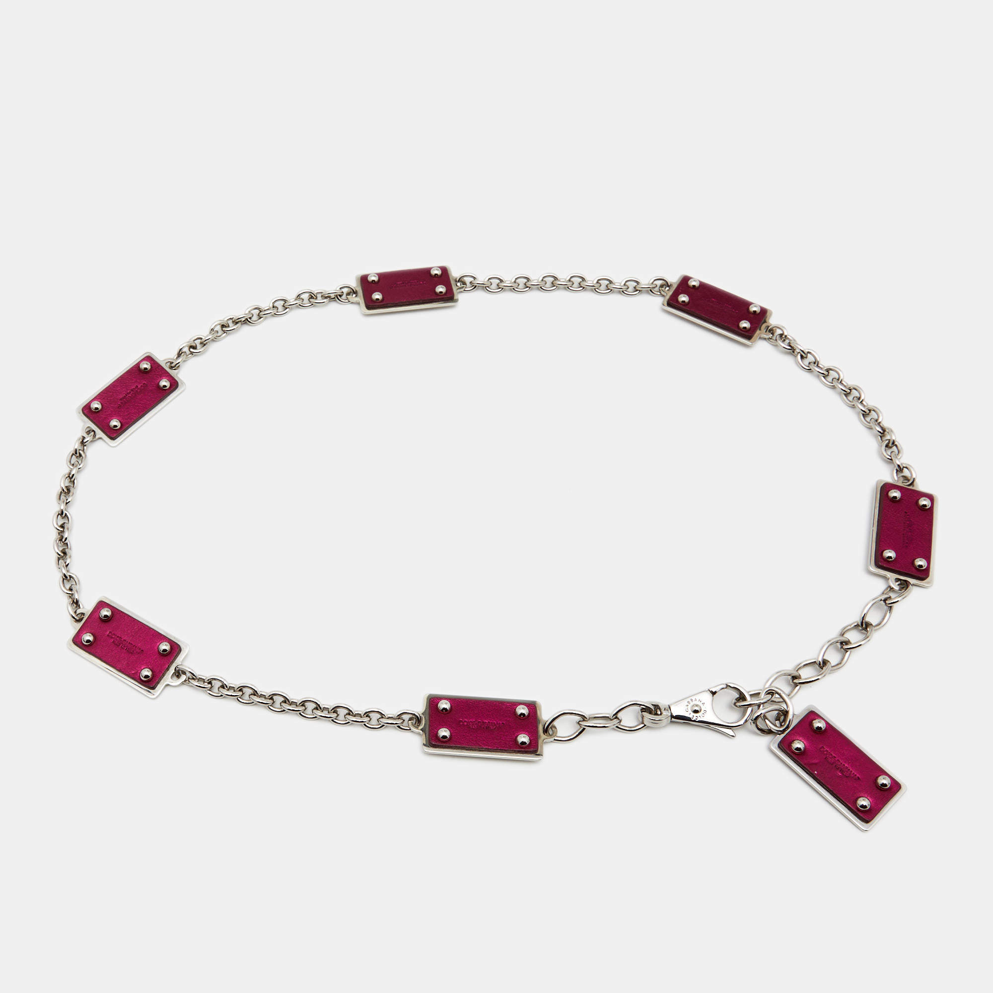 مملوكة مسبقًا Dolce & Gabbana Pink/Silver Leather and Metal Logo Plaque Chain Belt 90CM