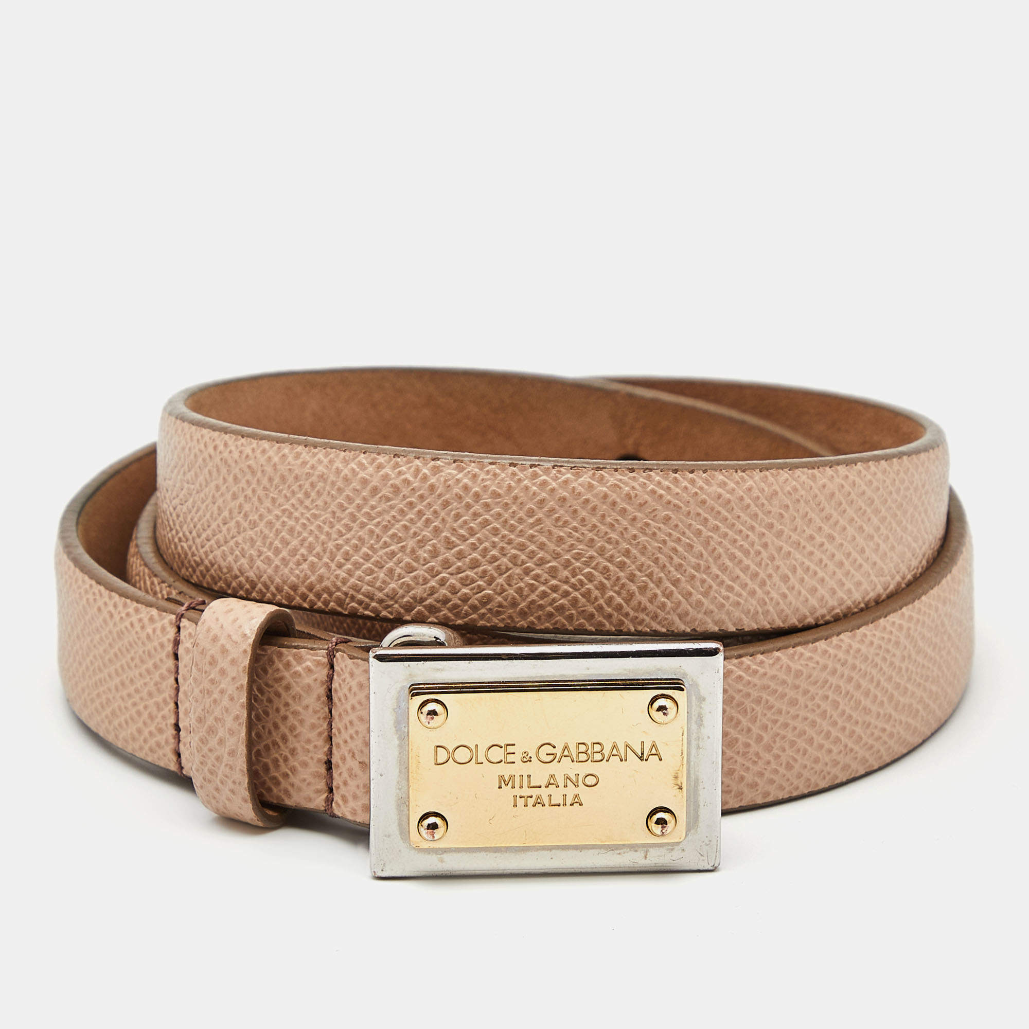 Pre Owned حزام دولتشي أند غابانا جلد بيج لوحة شعار الماركة رفيع 80 سم