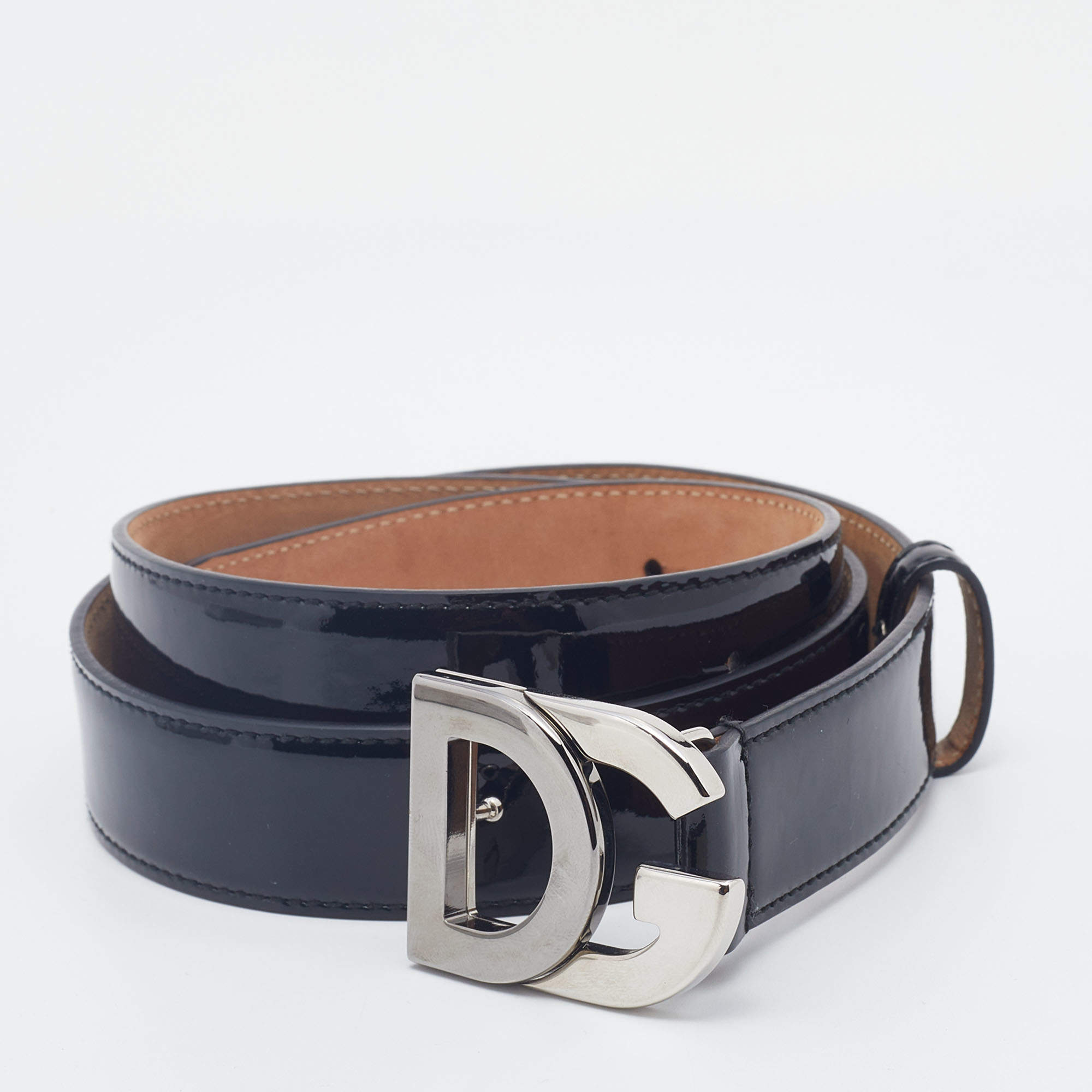 Pre Owned Dolce & Gabbana Black Patent Leather Logo Buckle Belt 90CM