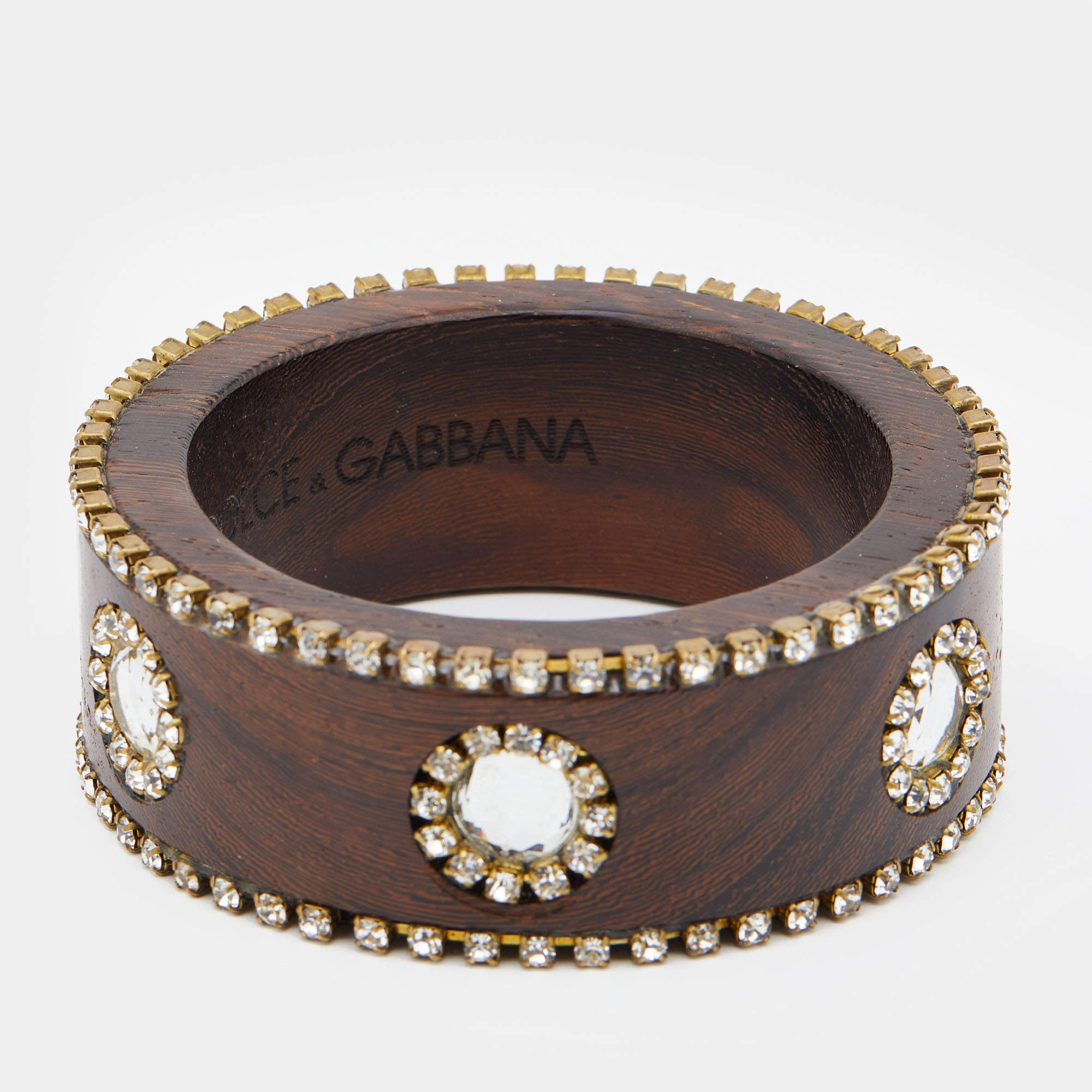 Dolce & Gabbana Brown Wood Crystal Embellished Wide Bangle