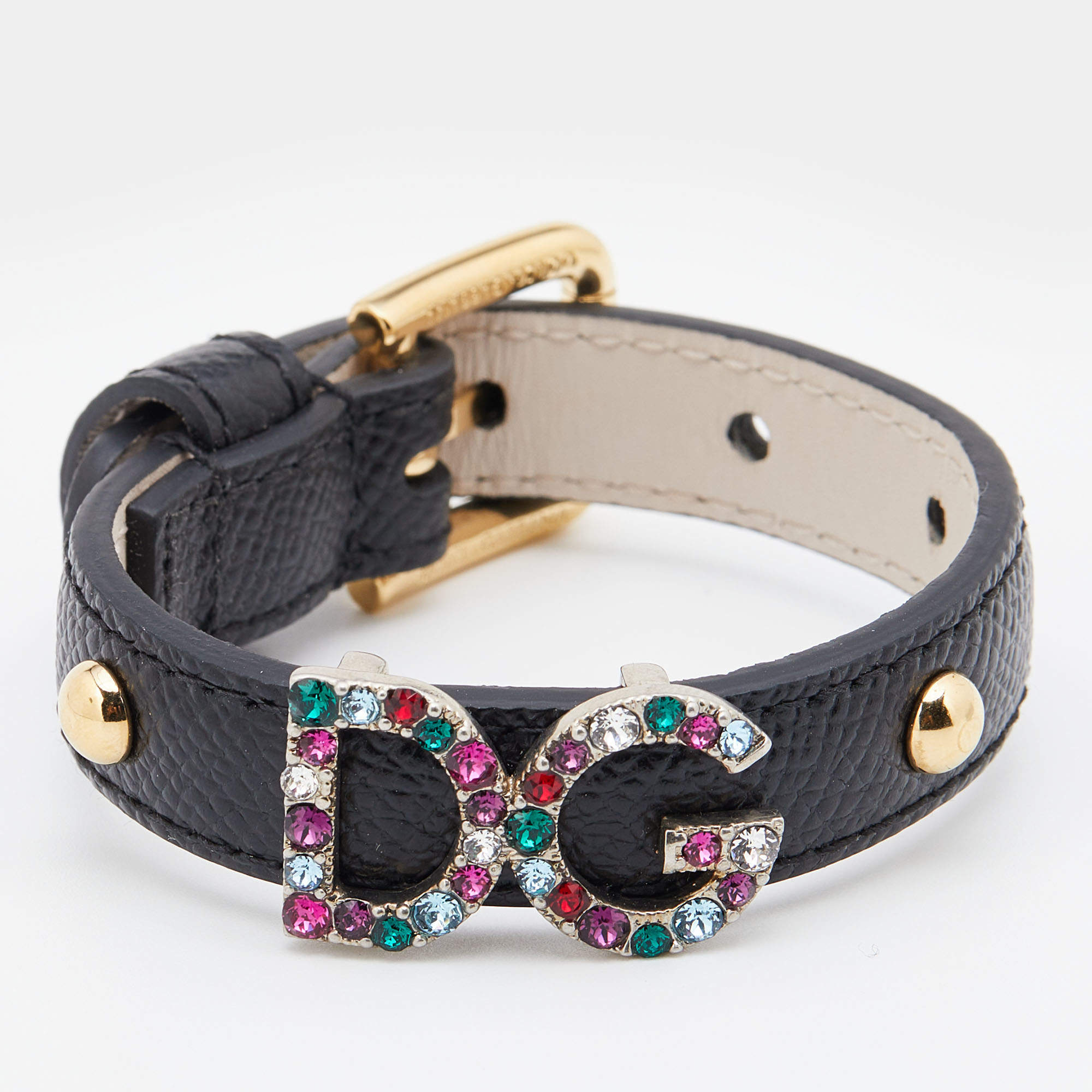 Pre Owned Dolce & Gabbana Crystal DG Logo Black Leather Bracelet M