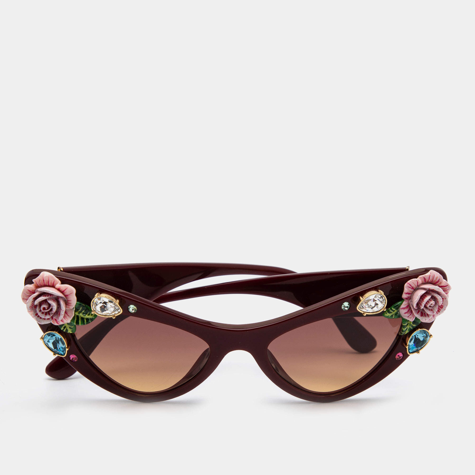Pre Owned Dolce & Gabbana Burgundy DG436B Floral Embellished Blooming Cat Eye Sunglasses