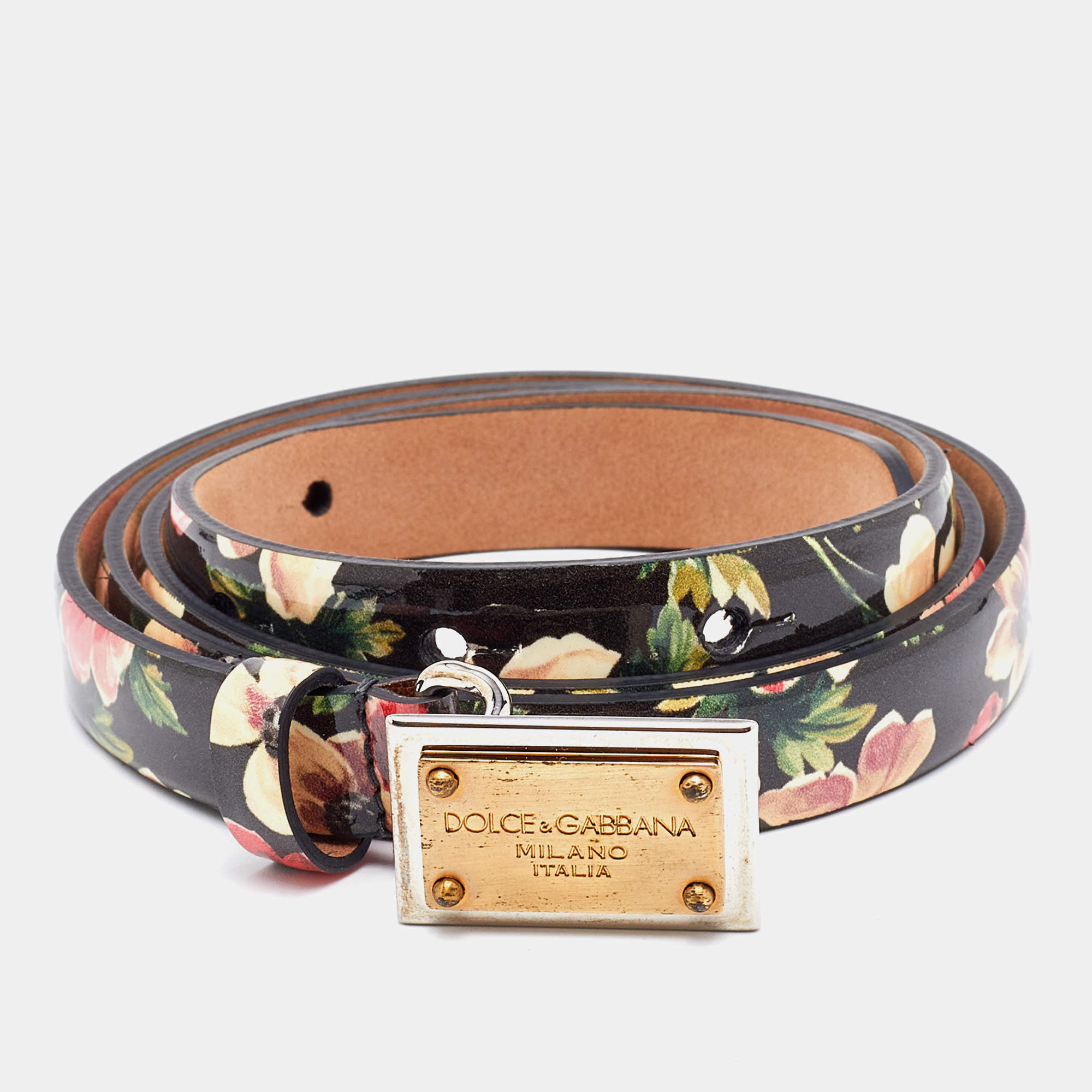 Dolce & Gabbana Multicolor Floral Print Patent Leather Belt 85 CM