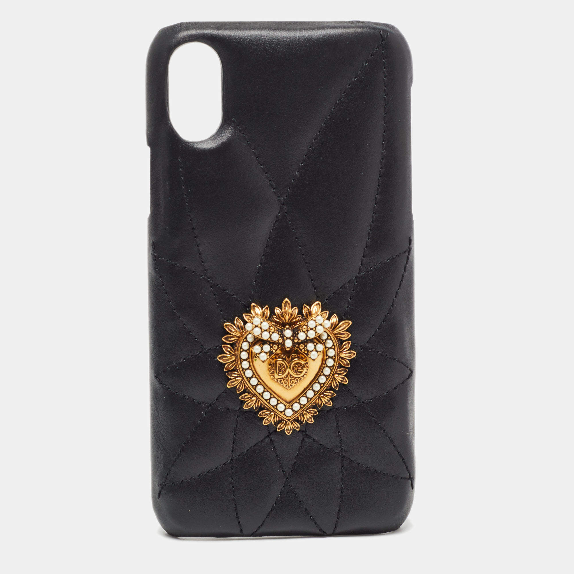 Pre Owned Dolce & Gabbana Black Quilted Leather Sacred Heart iPhone X Case