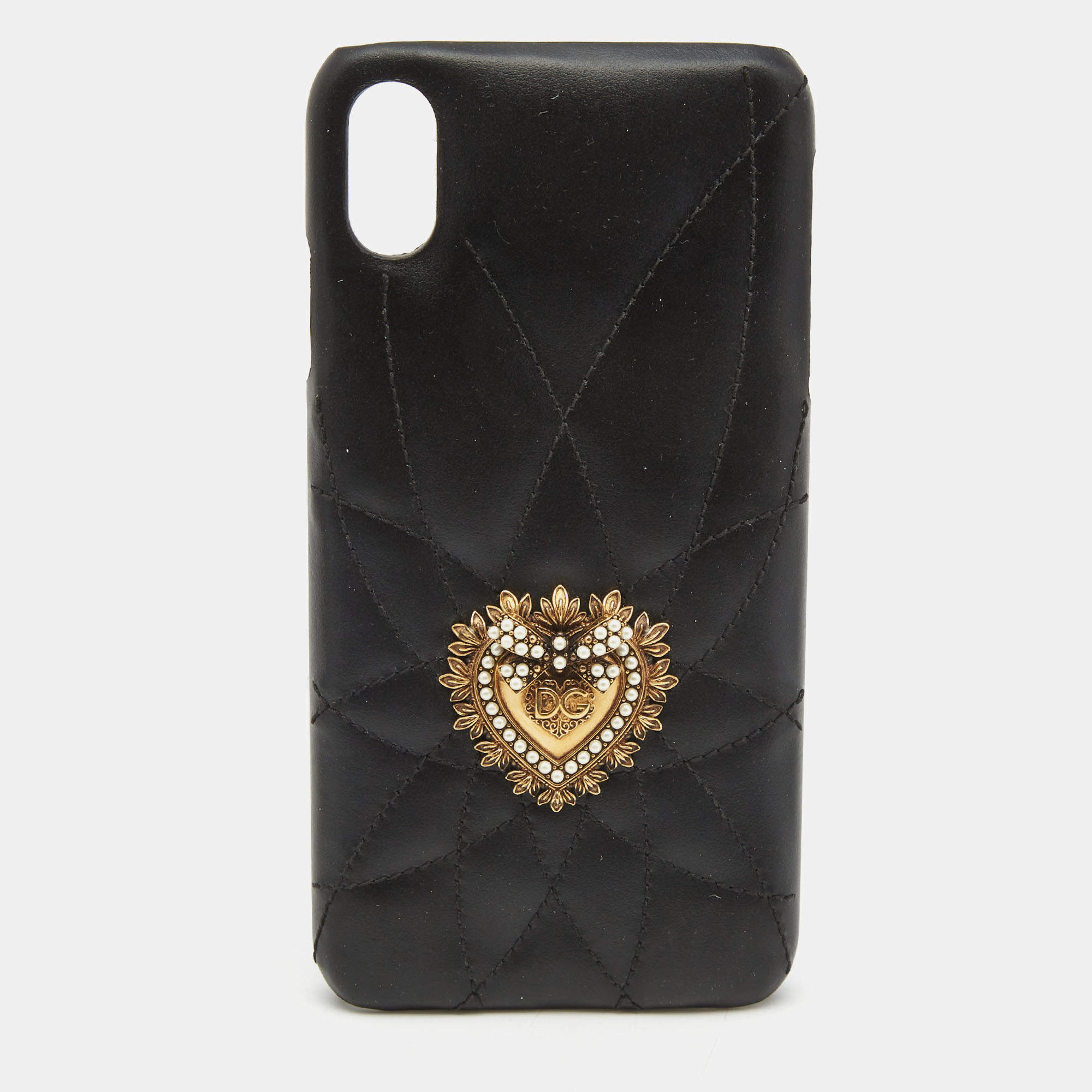 Pre Owned Dolce & Gabbana Black Quilted Leather Devotion iPhone XS Cover