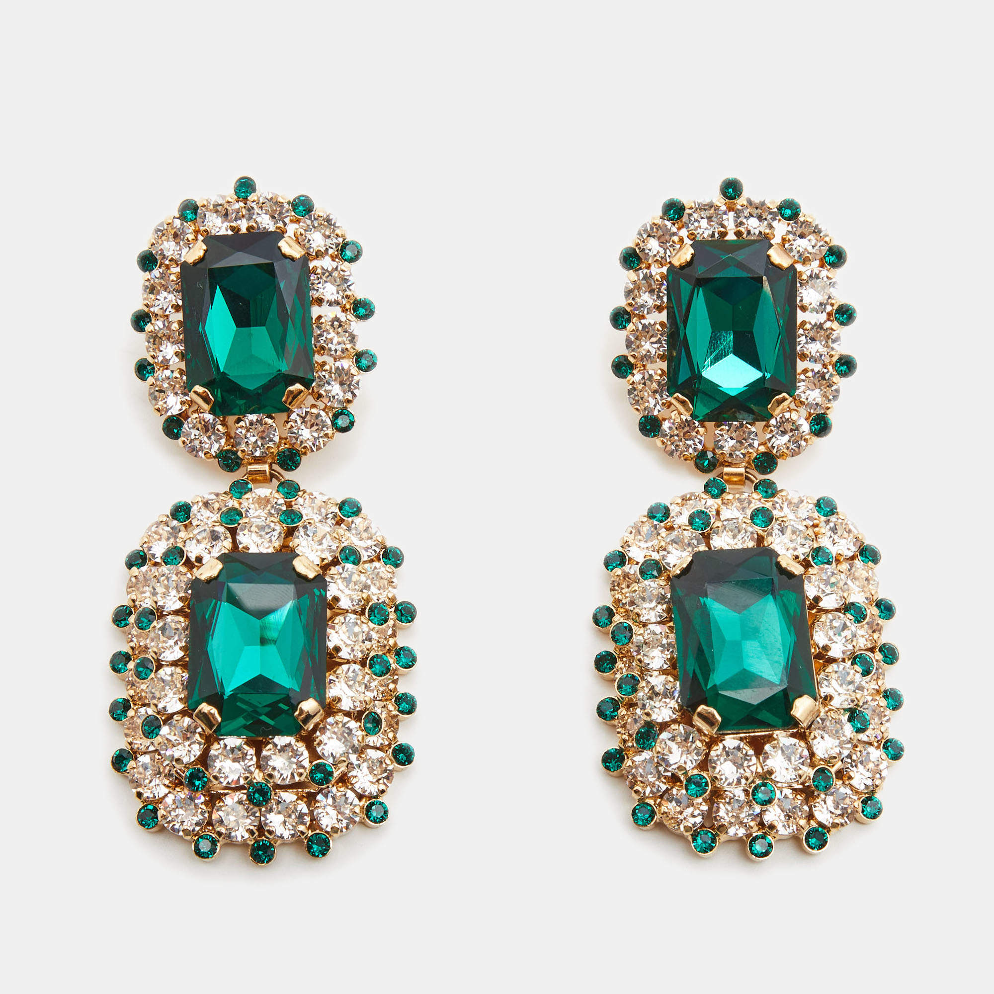 Pre Owned Dolce & Gabbana Crystal Embellished Gold Tone Clip On Drop Earrings
