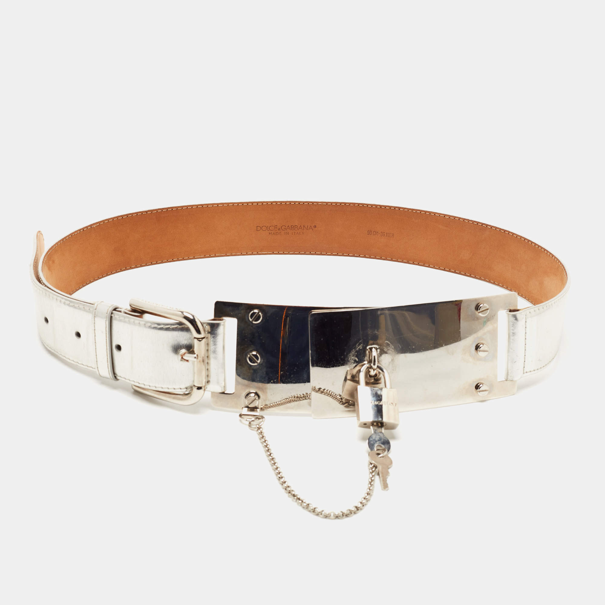 Dolce & Gabbana Silver Leather Padlock Metal Waist Belt 90CM Dolce