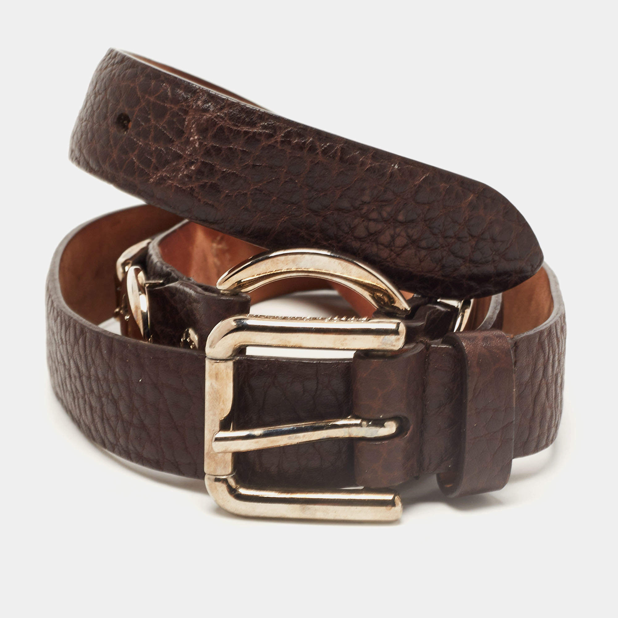 Pre Owned Dolce & Gabbana Brown Leather DG Logo Slim Belt 85CM