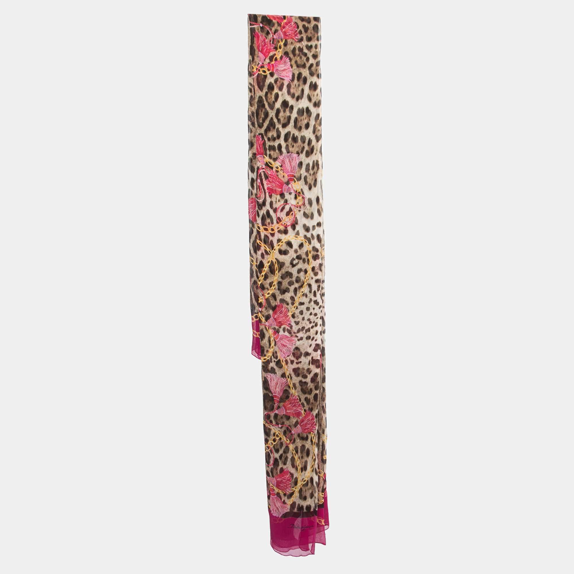 Pre Owned Dolce & Gabbana Brown/Purple Tassel Leopard Print Silk Scarf