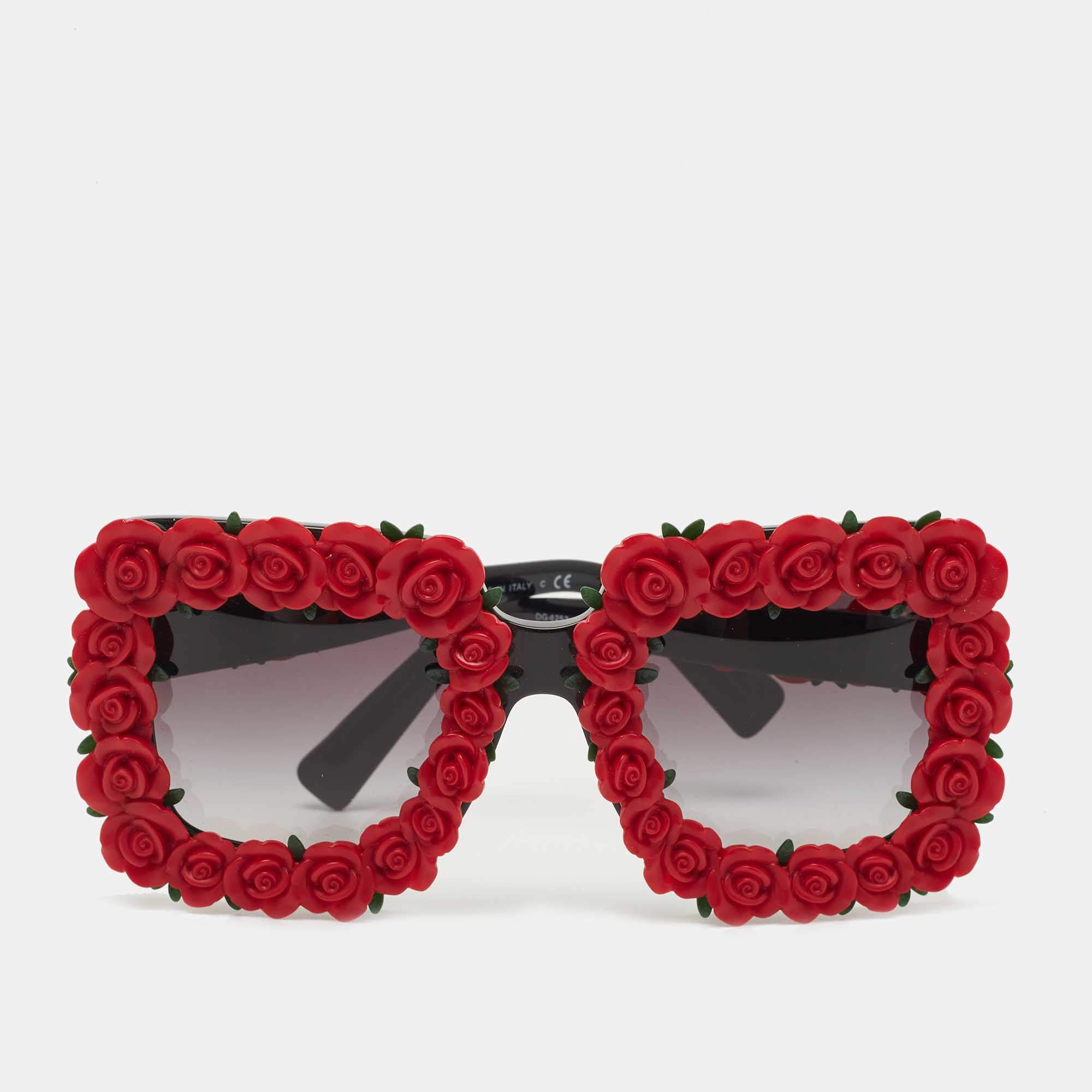 Pre Owned Dolce & Gabbana Red/Black Gradient DG4253 Roses Rectangle Sunglasses