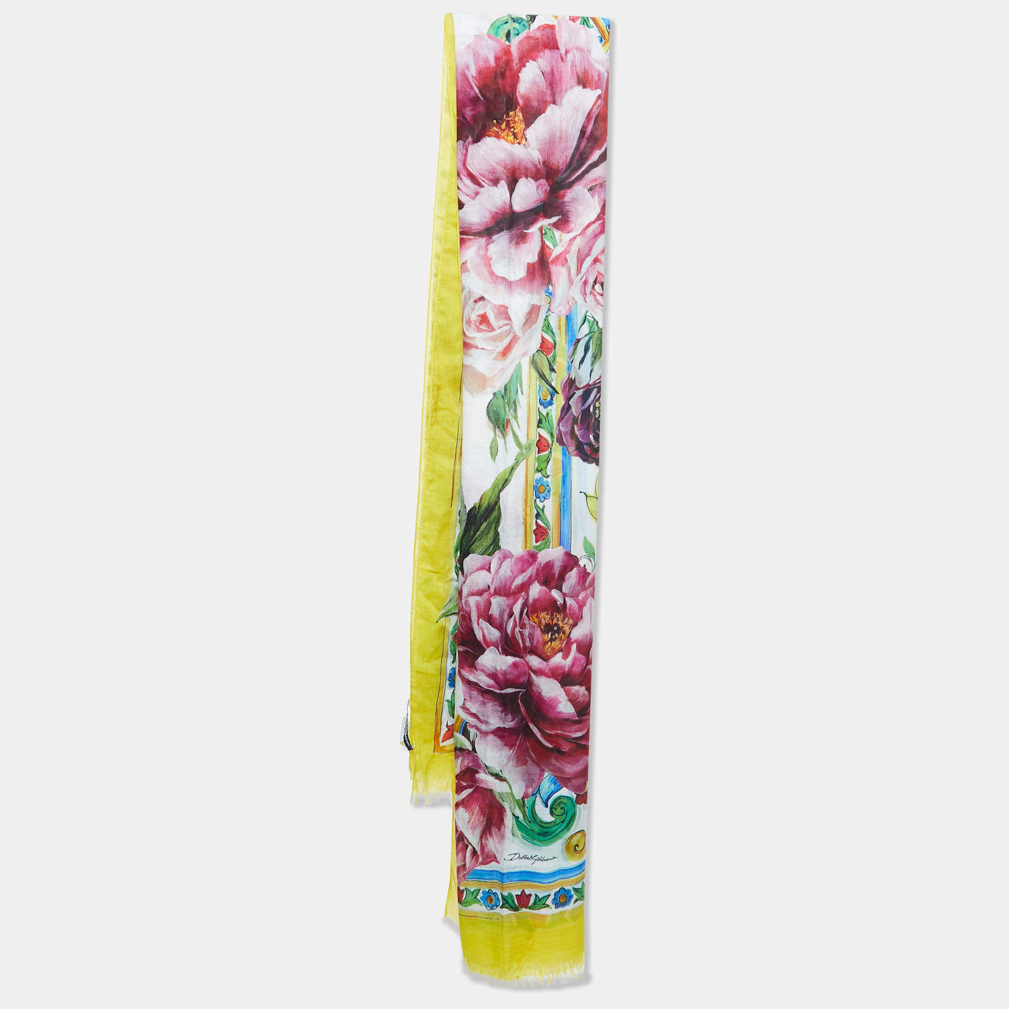 Pre Owned Dolce & Gabbana Yellow Majolica Printed Silk Gauze Scarf 