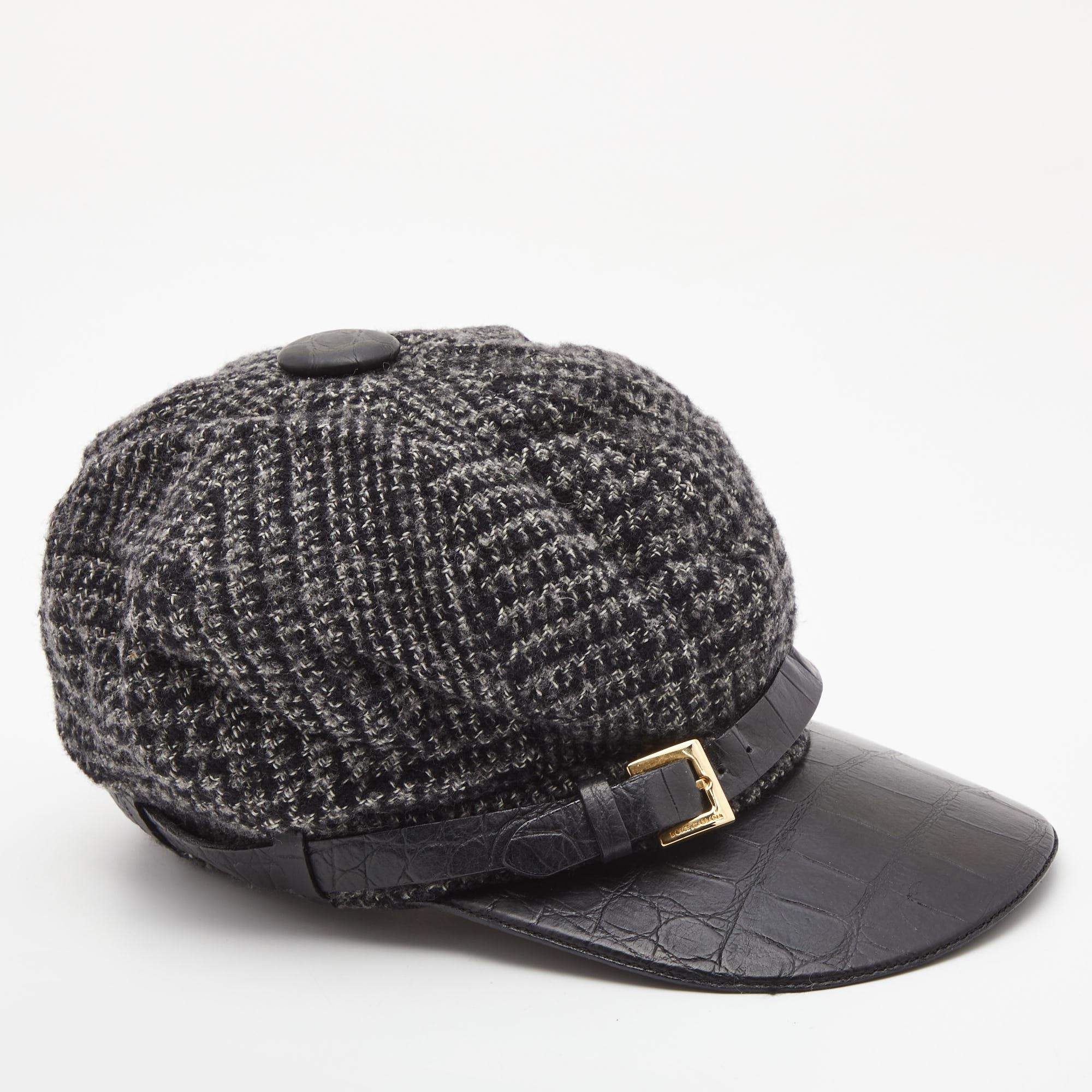 Pre Owned Dolce & Gabbana Black Wool Knit Croc Embossed Leather Baseball Cap Size 57
