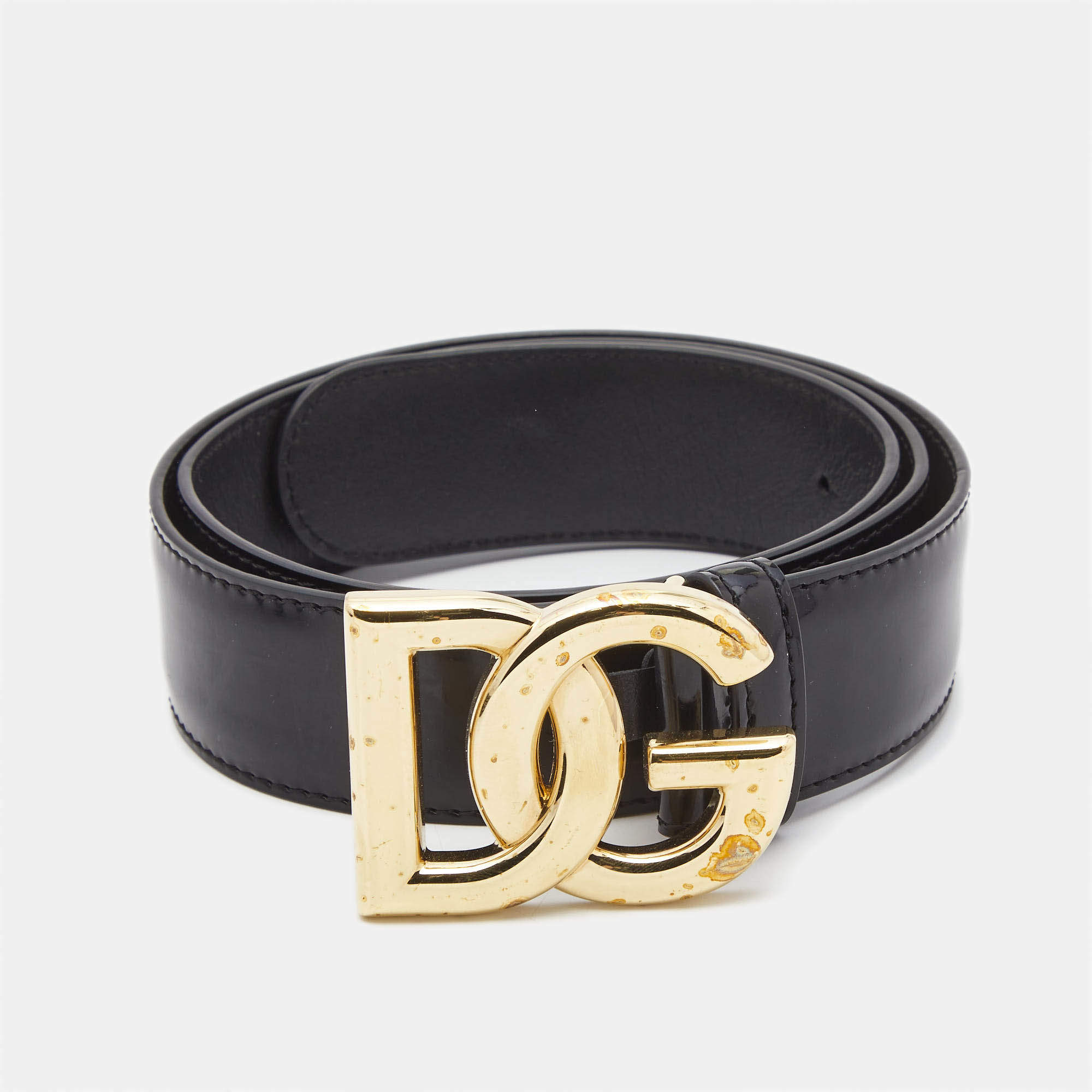 Pre Owned Dolce & Gabbana Black Patent Leather DG Buckler Belt 80CM