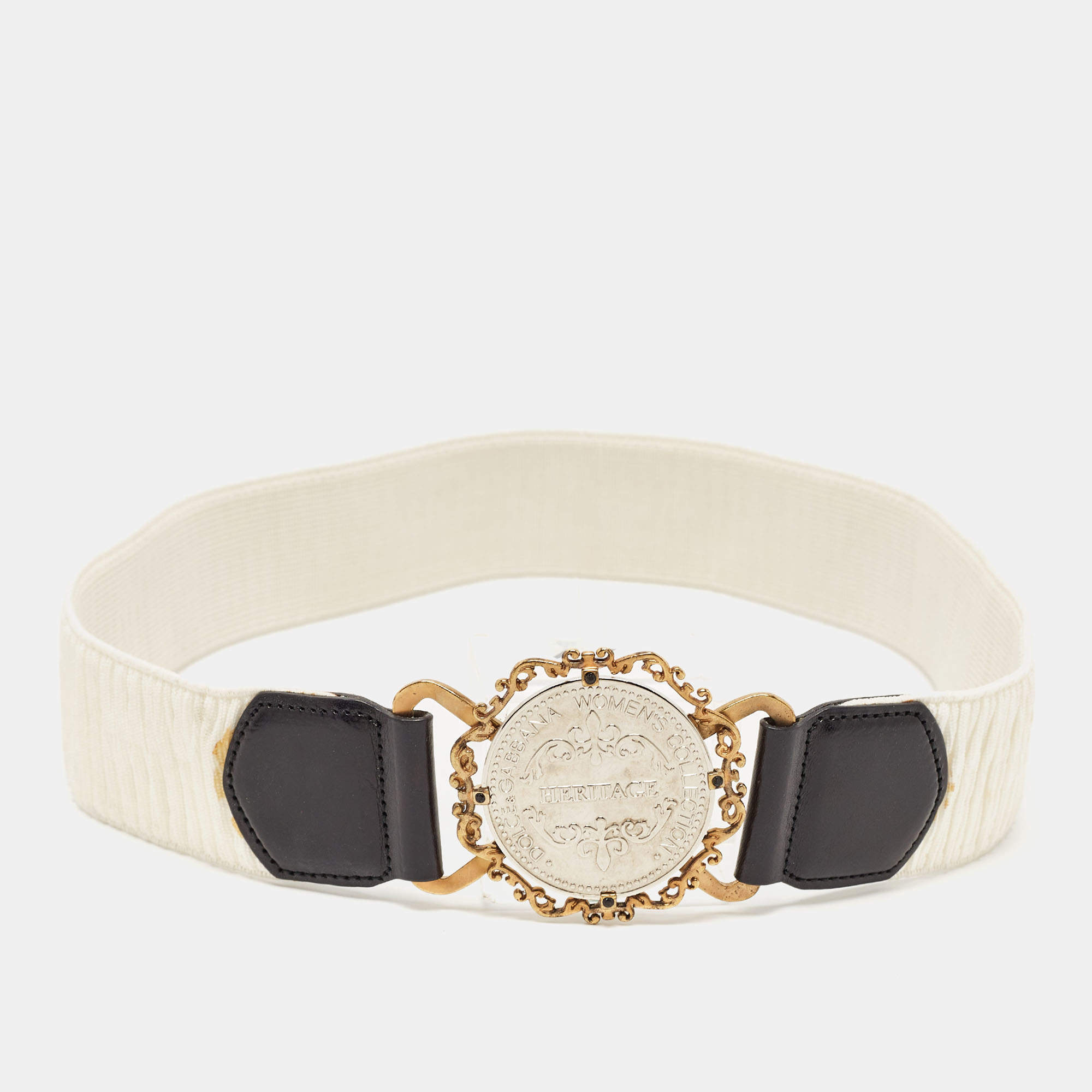 Pre Owned Dolce & Gabbana White/Black Elastic and Leather Heritage Round Belt 75CM