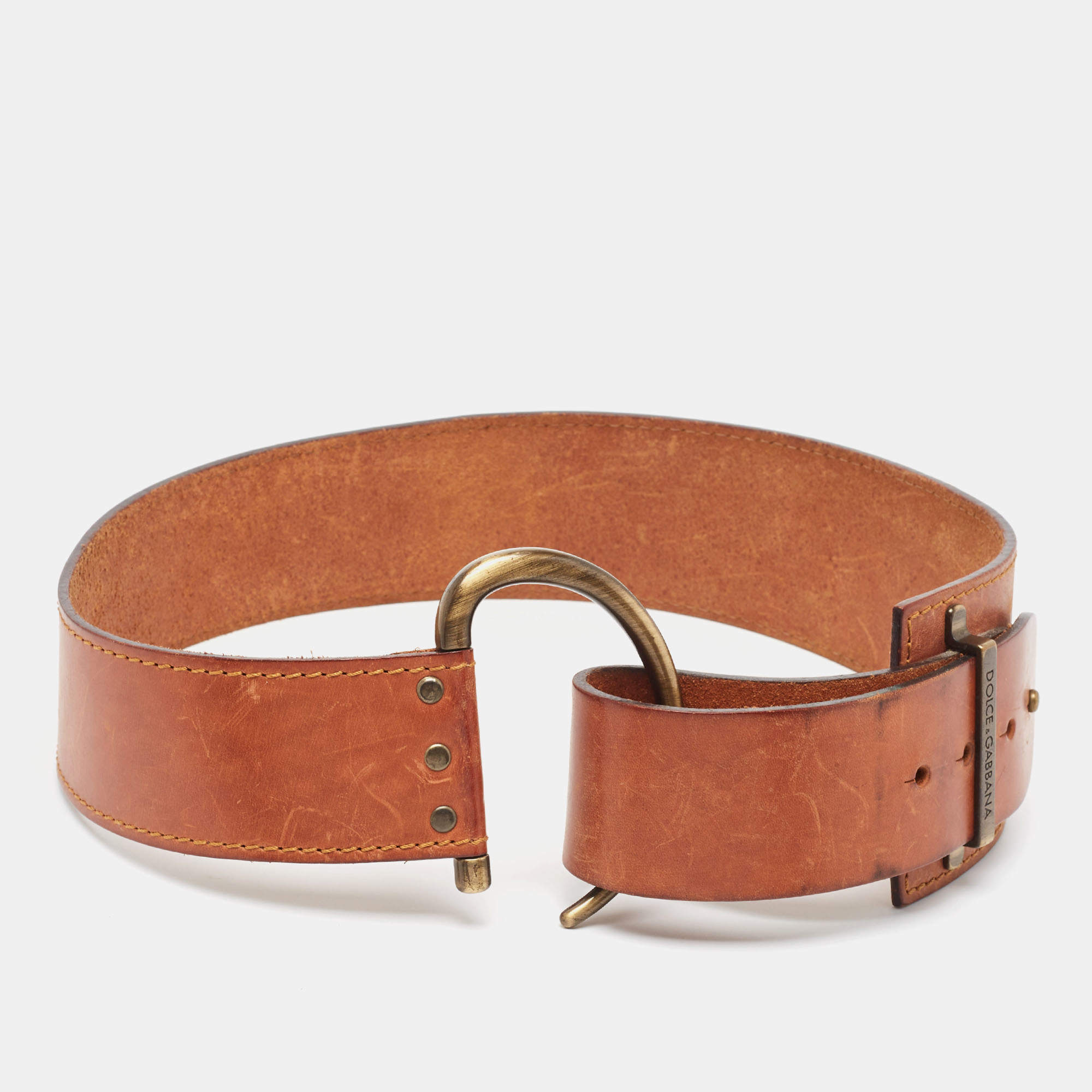 Pre Owned Dolce & Gabbana Brown Leather Metal Detail Buckle Wide Belt 85CM