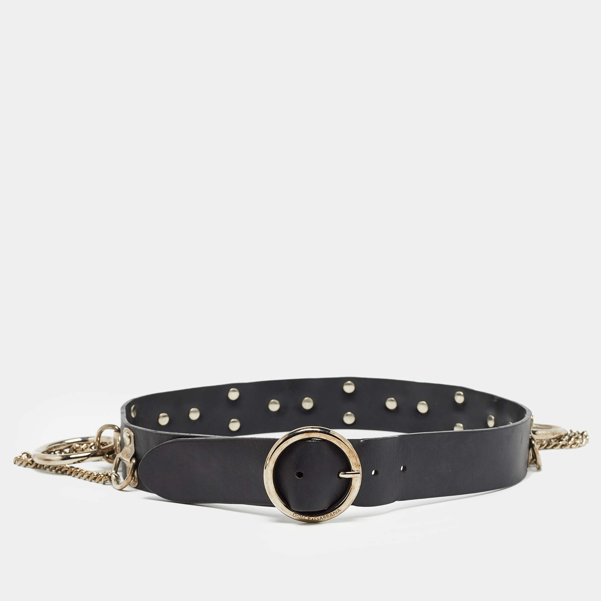 Pre Owned Dolce & Gabbana Black Leather Chain Ring Detail Waist Belt 85CM