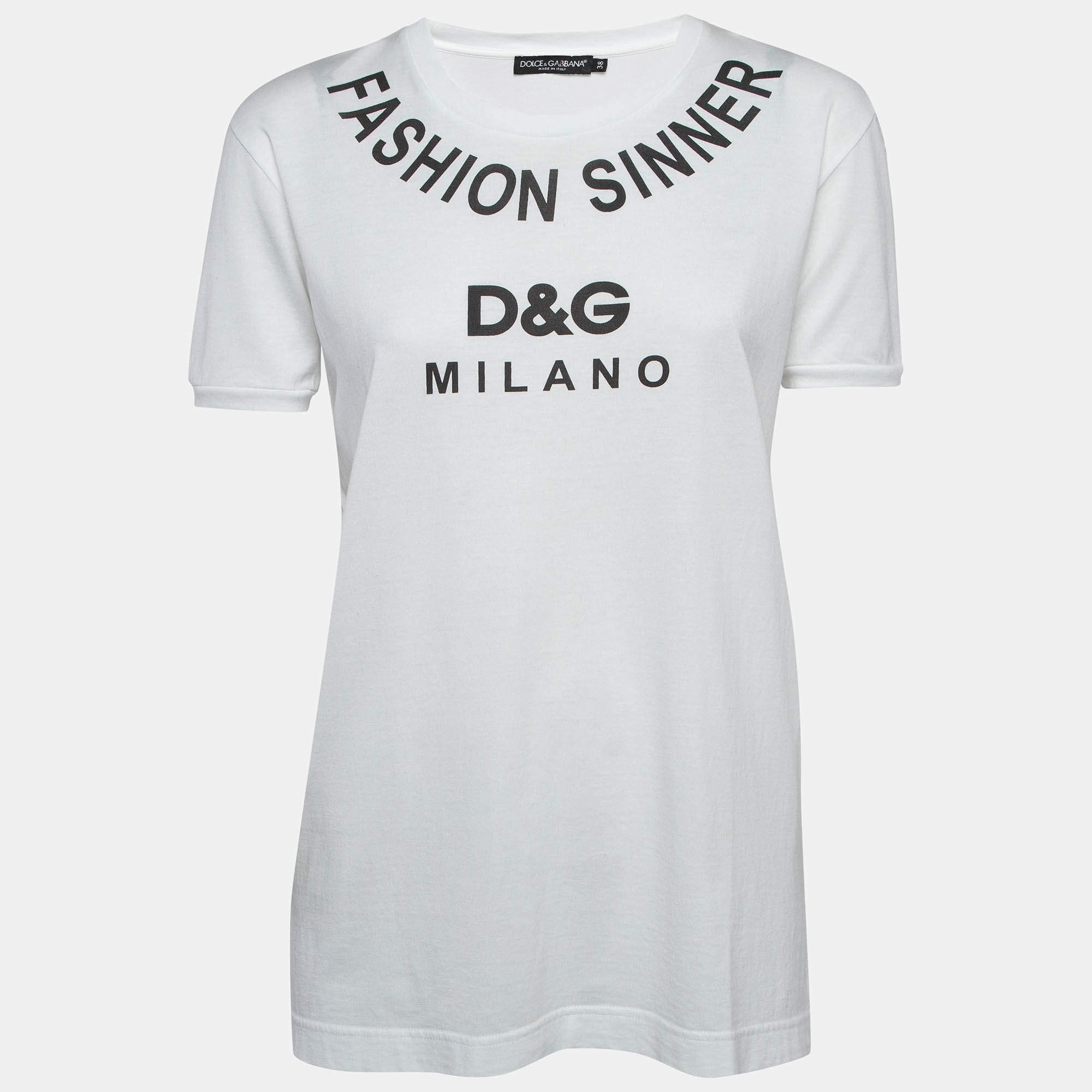 Pre Owned Dolce & Gabbana White Logo Print Cotton Jersey T-Shirt S