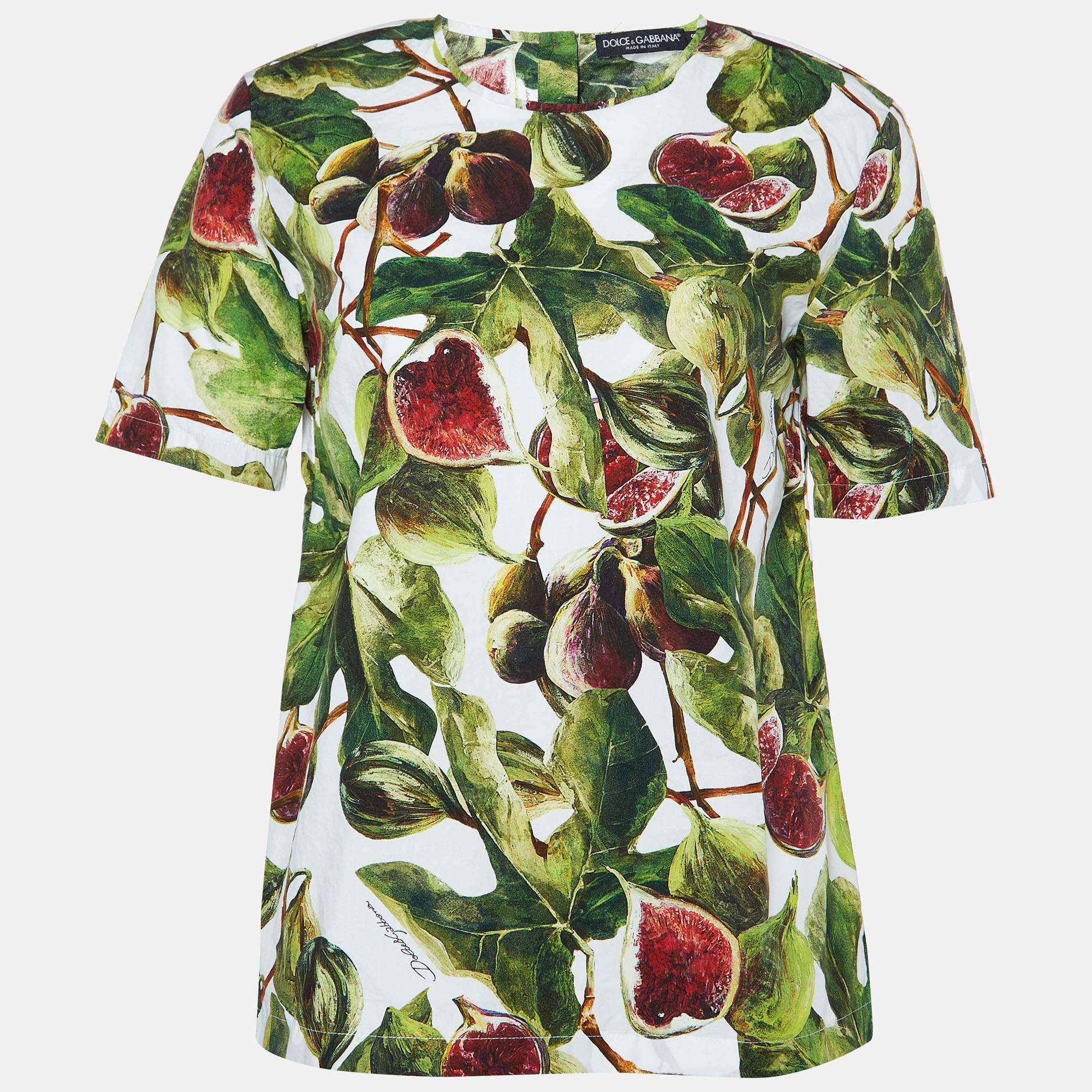 Pre Owned Dolce & Gabbana Green/White Fig Print Cotton Blouse S 