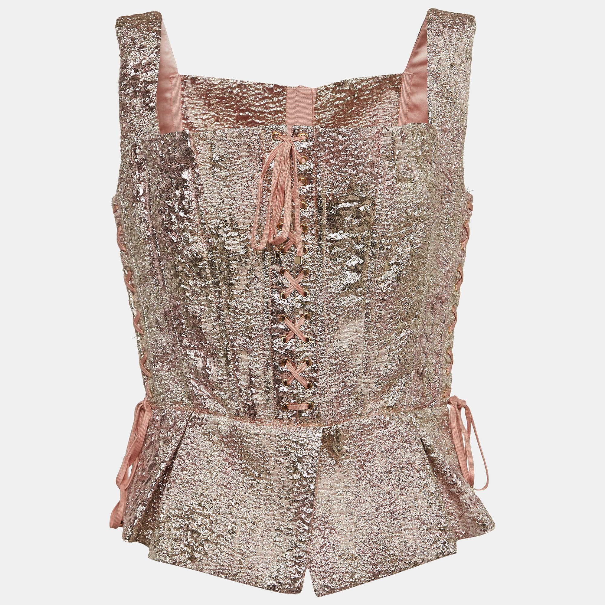 Pre Owned Dolce & Gabbana Metallic Pink Lurex Lace-Up Detail Corset L