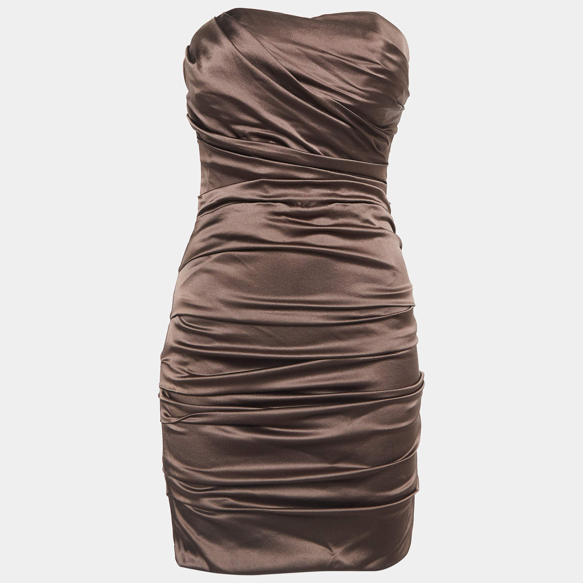 Pre Owned Dolce & Gabbana Brown Satin Ruched Mini Dress M