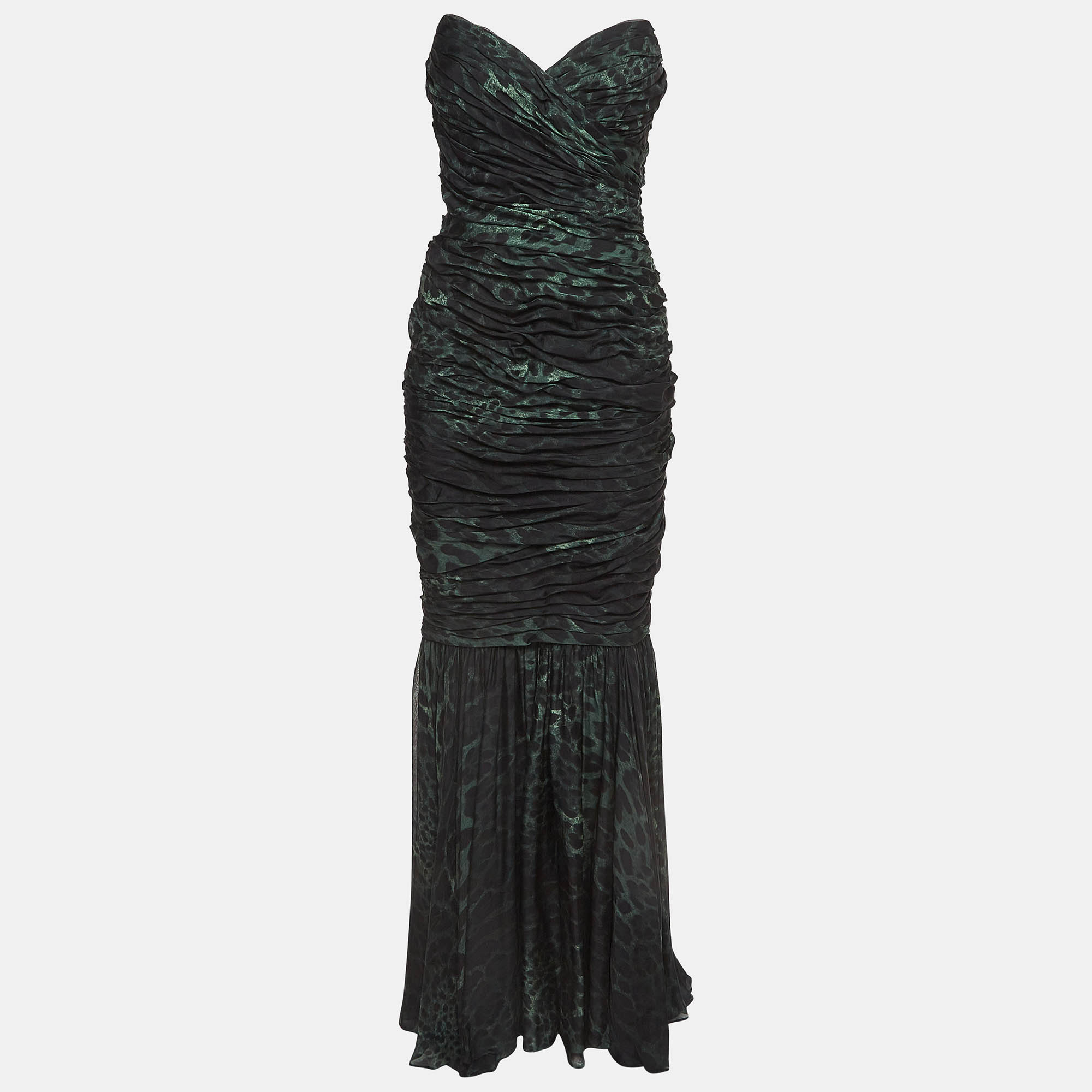 Pre Owned Dolce & Gabbana Green Animal Print Silk Ruched Strapless Gown M