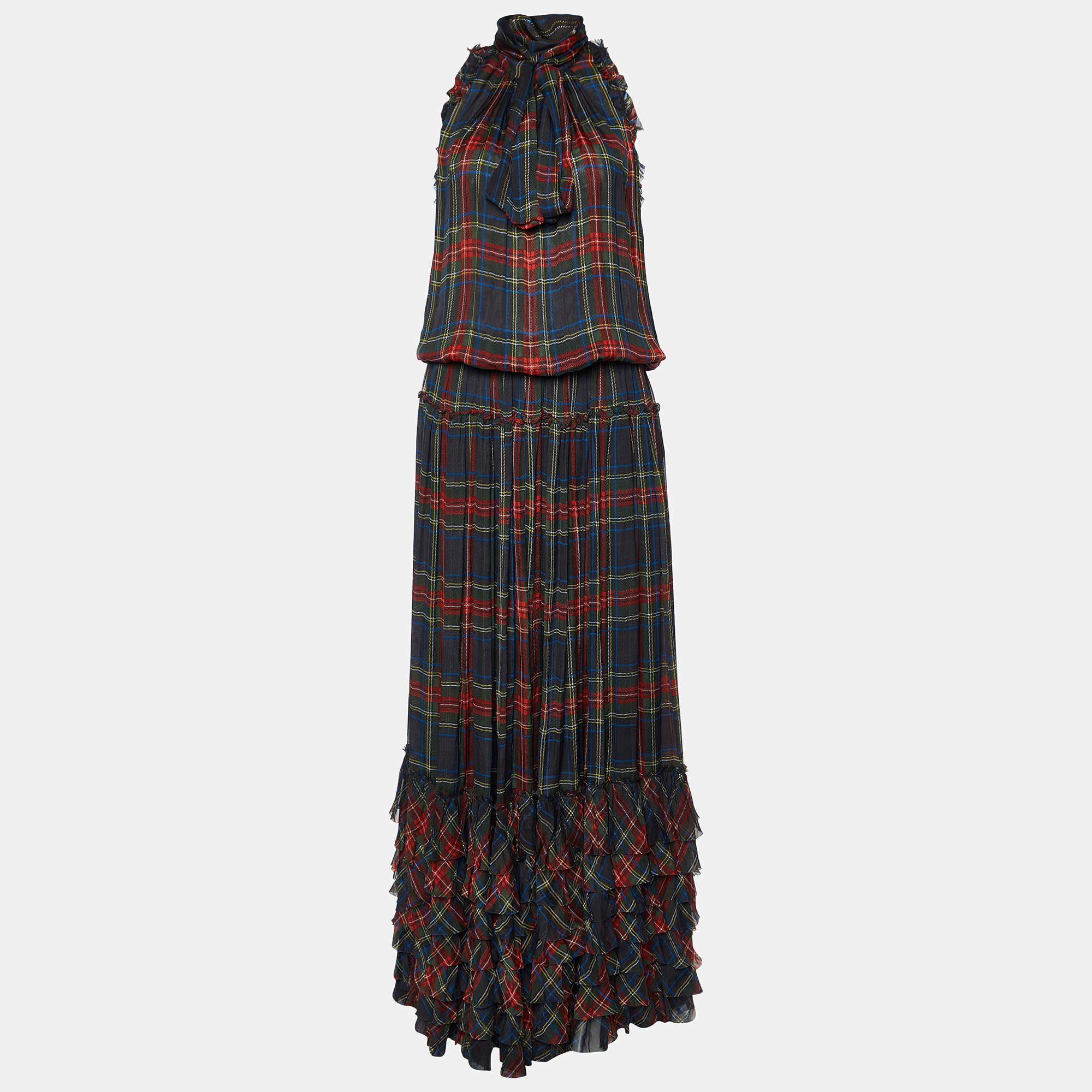 Pre Owned D&G Multicolor Plaid Silk Ruffled Maxi Dress M