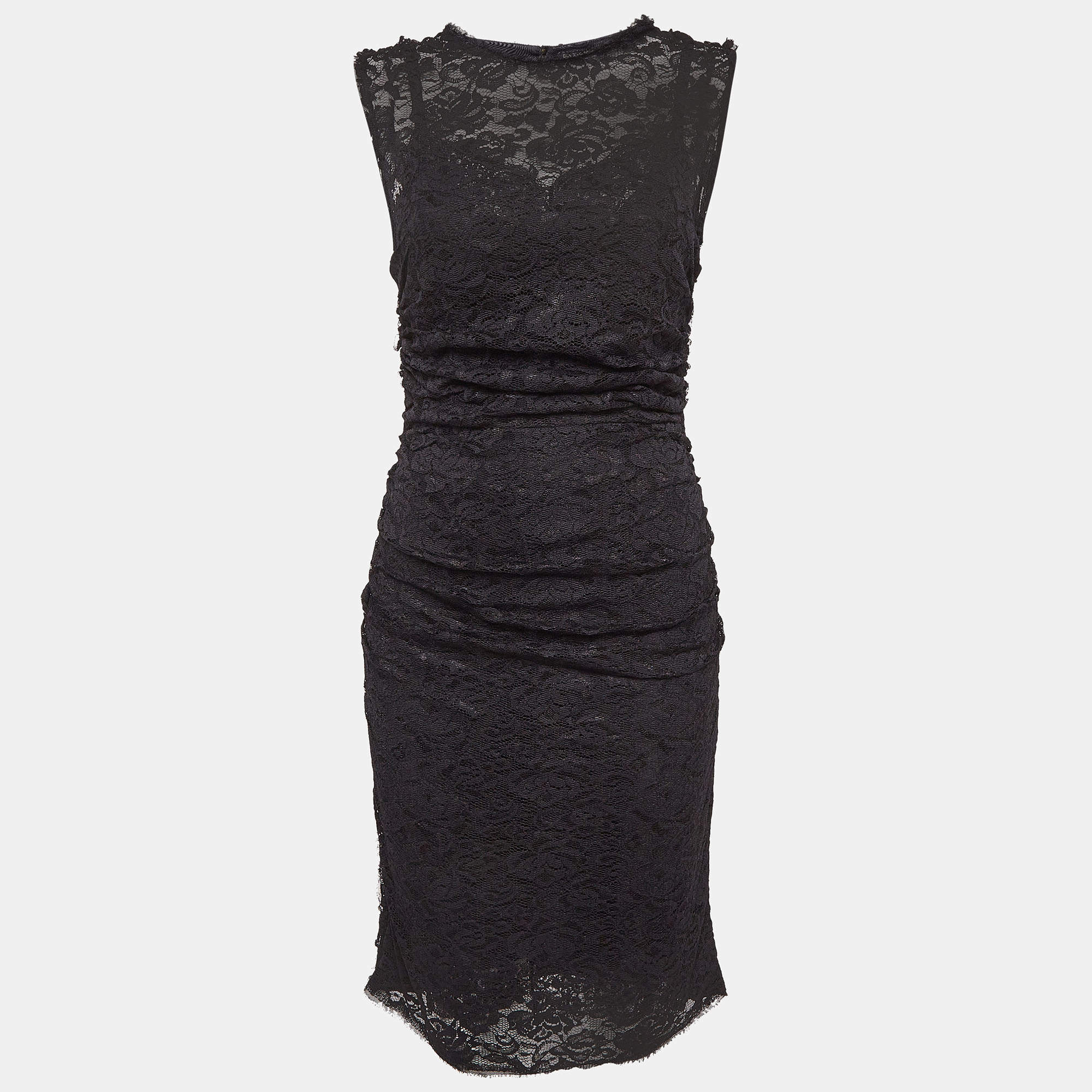Pre Owned Dolce & Gabbana Black Lace Ruched Mid Dress M